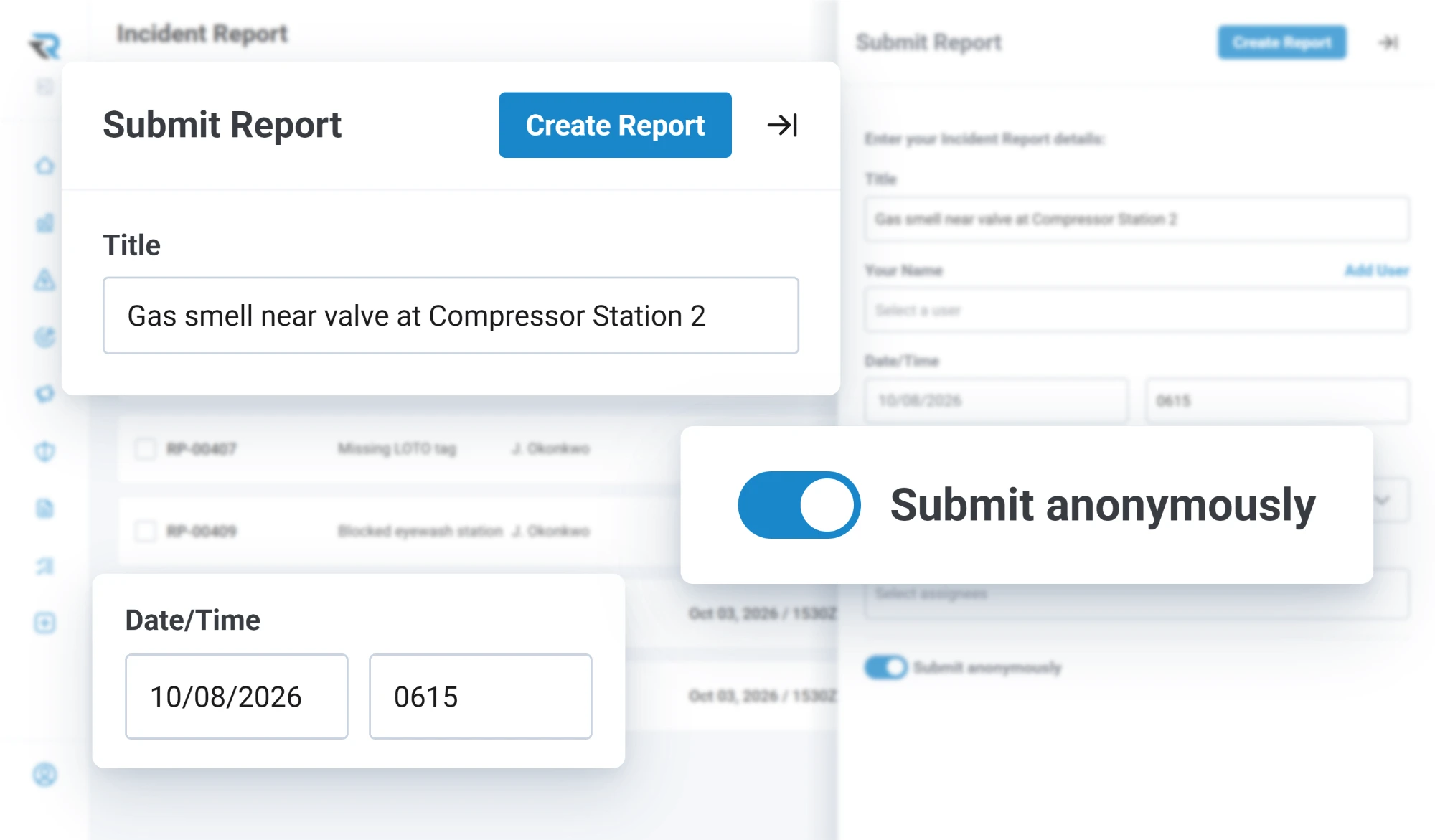 Submitting an incident report titled Gas smell near valve at Compressor Station 2, with its date and time and the Submit anonymously toggle switched on