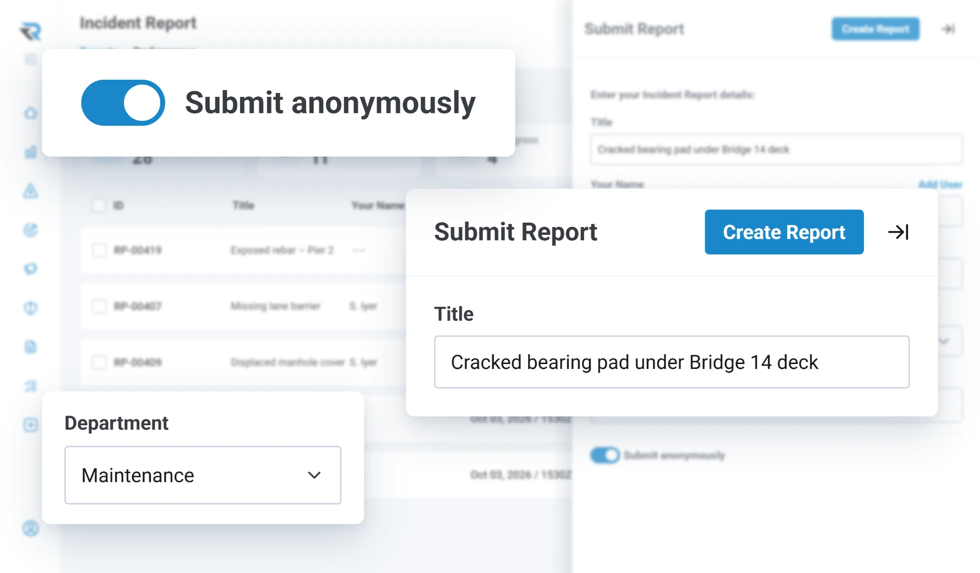 Submitting an incident report titled Cracked bearing pad under Bridge 14 deck, from the maintenance department, with the Submit anonymously toggle switched on