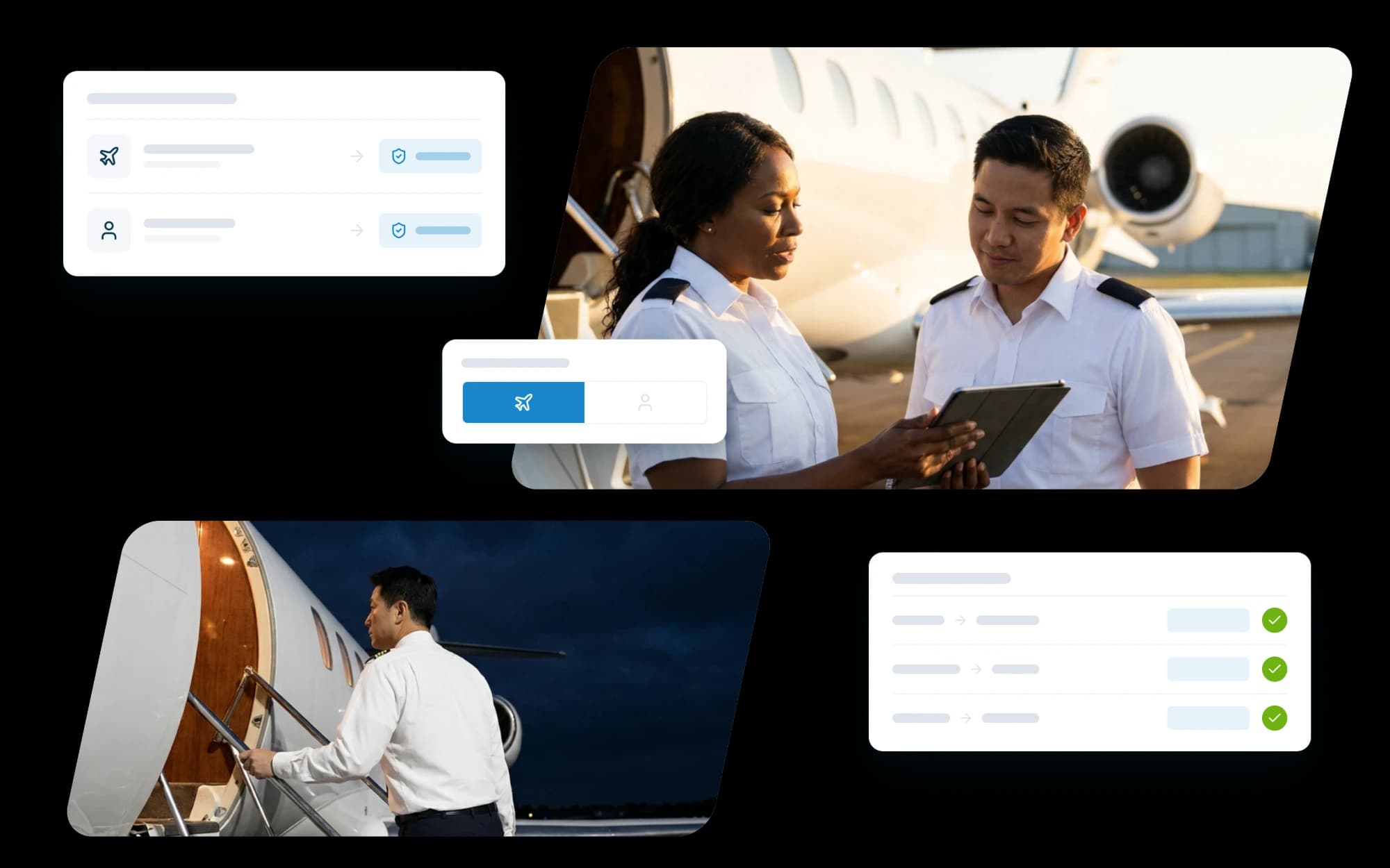 Two pilots going over a tablet beside a business jet, and a captain boarding at night, beside cards for assessments assigned by aircraft and by pilot and a list of trips each with its assessment complete