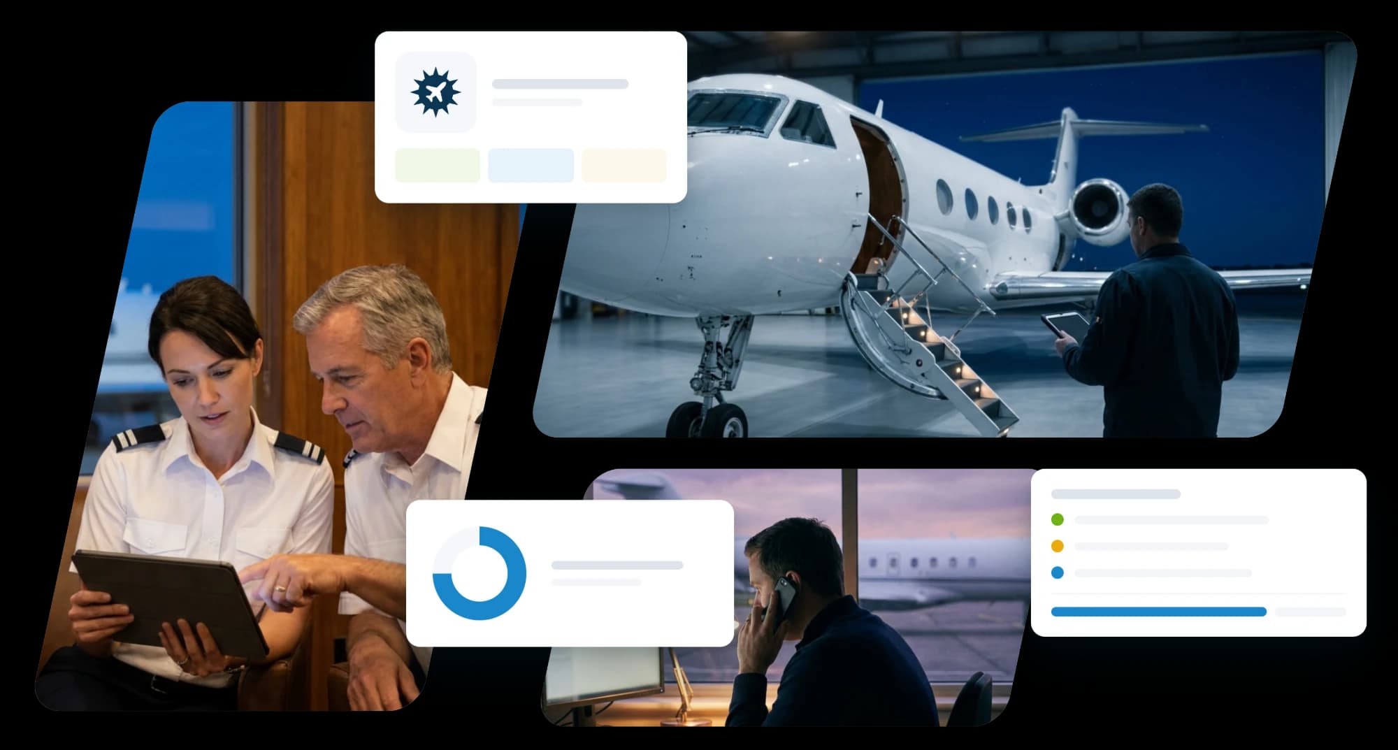 The ForeFlight Dispatch mark in RISE beside flight crews and a dispatcher at work: two pilots going over a tablet, a crew member with a tablet beside a business jet in a hangar, and a dispatcher on the phone at an airport window