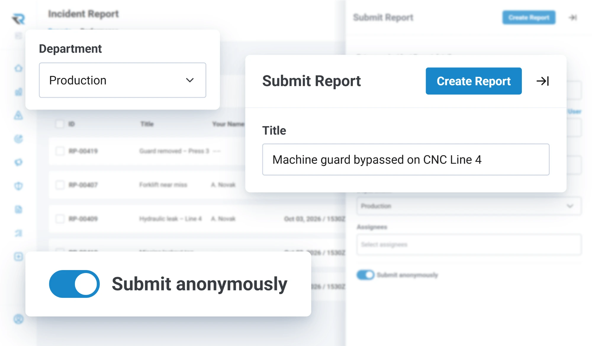 Submitting an incident report titled Machine guard bypassed on CNC Line 4, from the production department, with the Submit anonymously toggle switched on