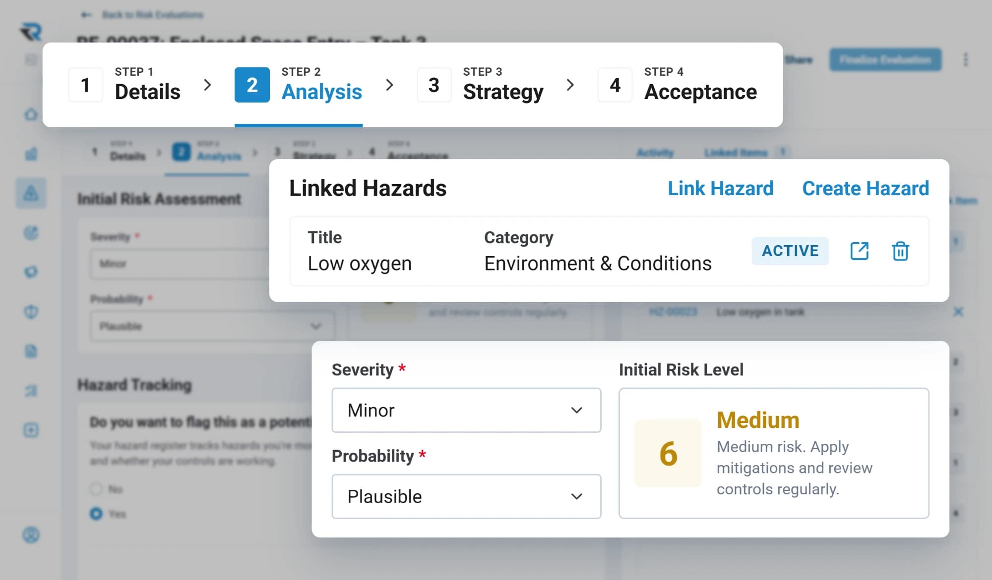 An enclosed space entry risk evaluation at its analysis step: severity and probability give an initial risk level of Medium 6, with the linked hazard of low oxygen
