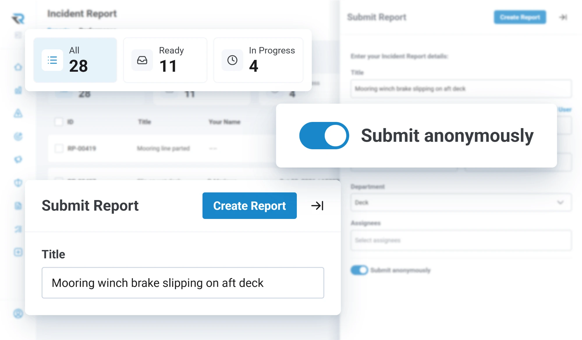 Submitting an incident report titled Mooring winch brake slipping on aft deck, with the Submit anonymously toggle switched on and the report counts for all, ready and in progress