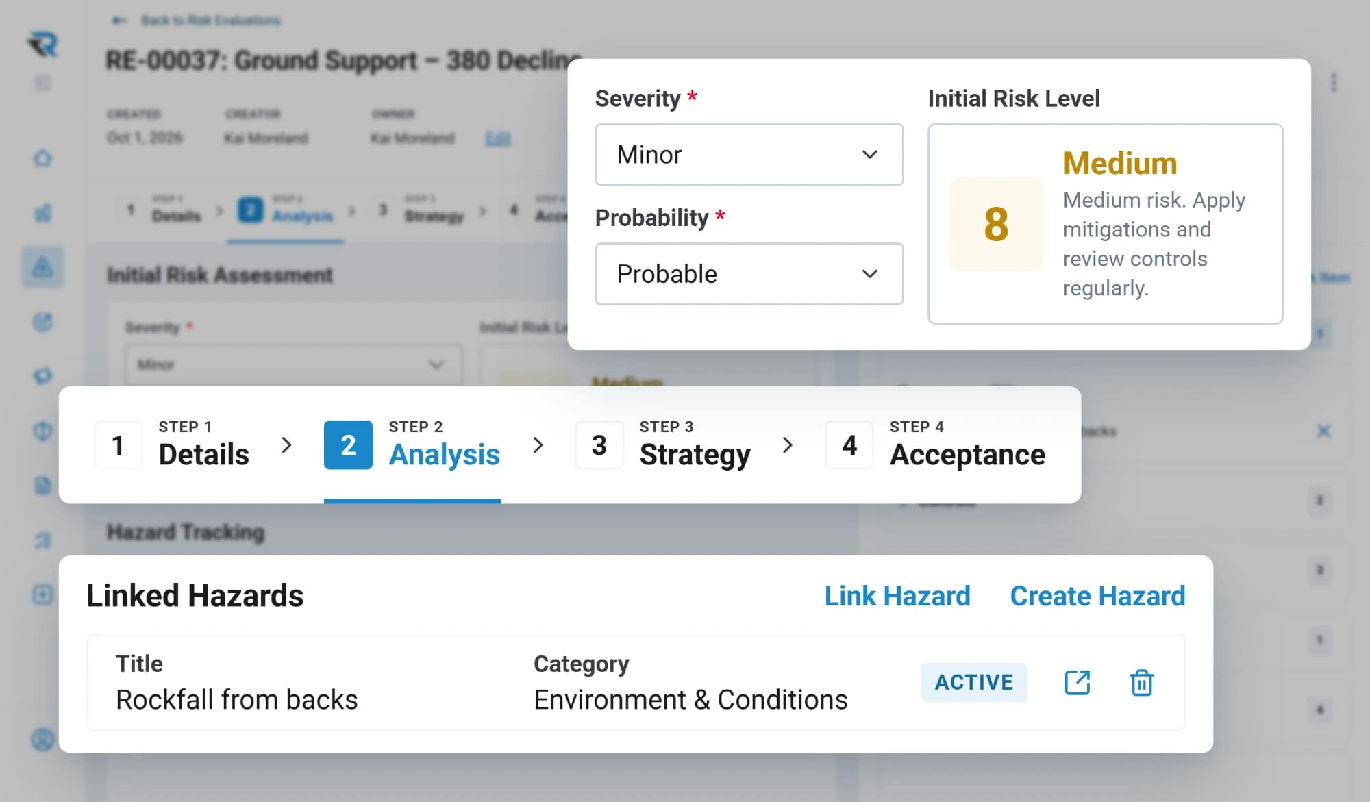 A ground support risk evaluation for the 380 decline at its analysis step: severity and probability give an initial risk level of Medium 8, with the linked hazard of rockfall from backs
