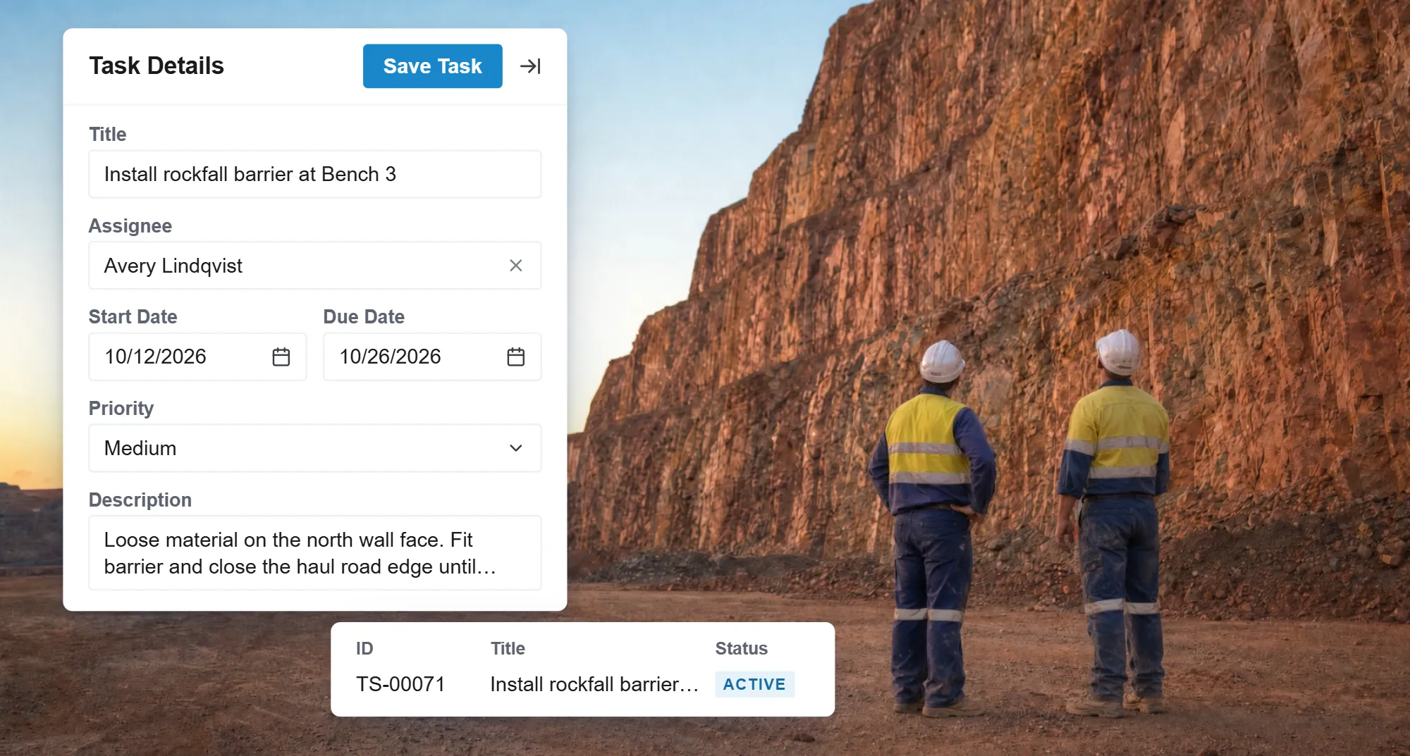 A task in RISE to install a rockfall barrier at Bench 3, with an assignee, start and due dates and medium priority, now active in the task list, beside two mine workers in hard hats and hi-vis looking up at a pit wall