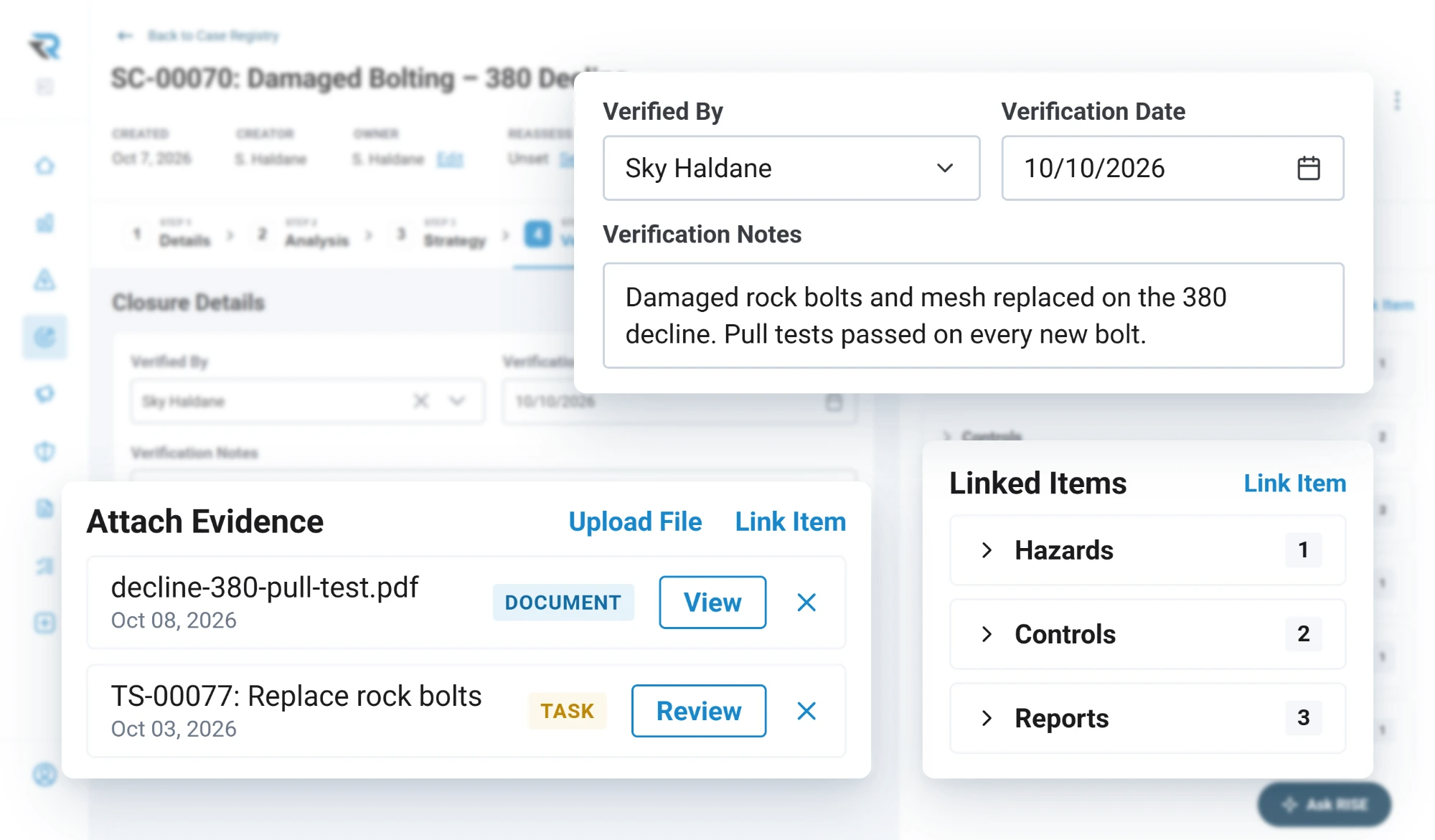 A safety case for damaged bolting on the 380 decline at verification, with who verified it and when, notes that pull tests passed on every new bolt, evidence attached and its linked items