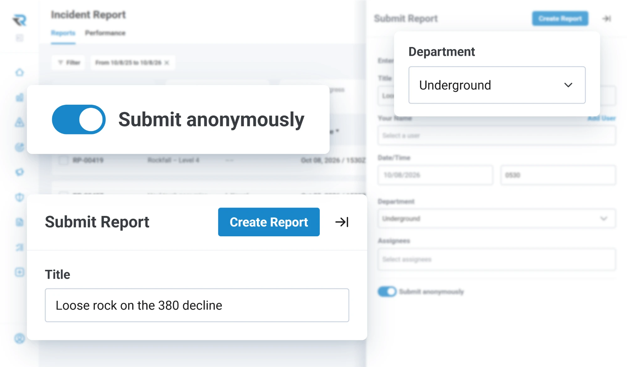 Submitting an incident report titled Loose rock on the 380 decline from the Underground department, with the Submit anonymously toggle switched on