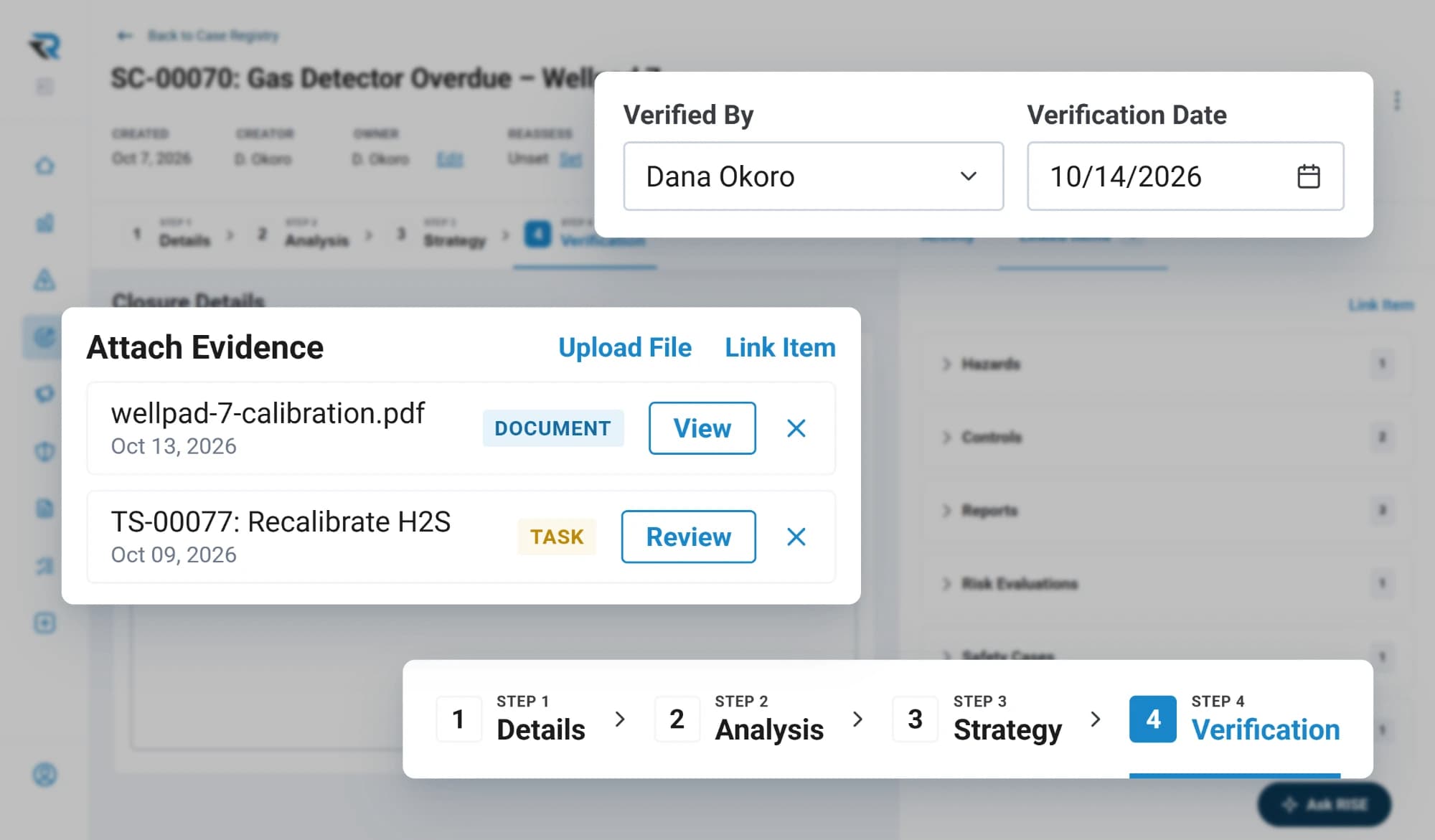 A safety case for an overdue gas detector at its verification step, with who verified it and when, and evidence attached: a calibration record and the task to recalibrate the H2S detector