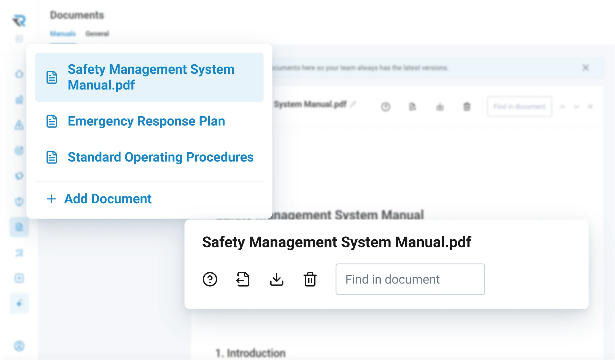 The document library with a safety management system manual, an emergency response plan and standard operating procedures, one open with search