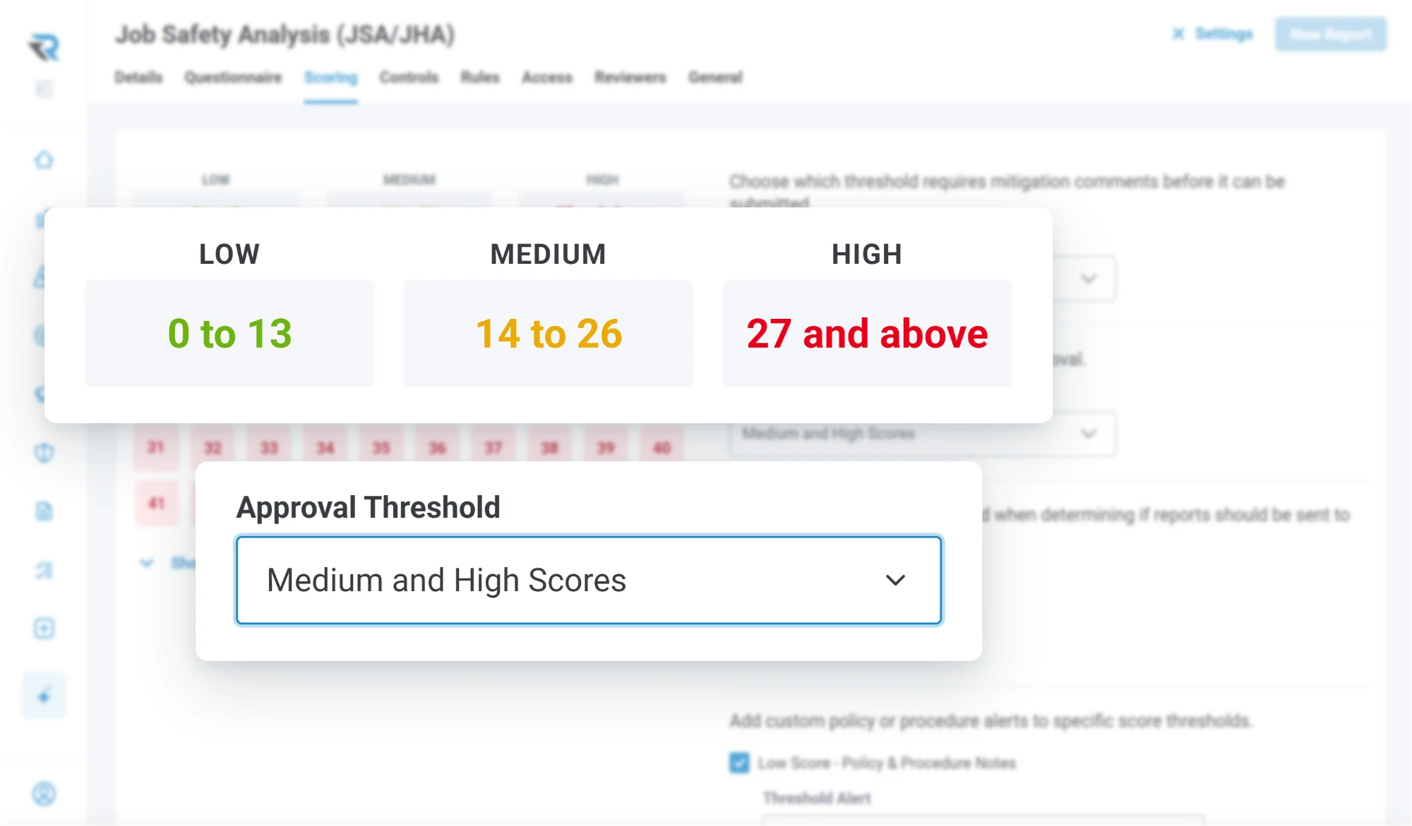 Scoring settings on a job safety analysis form: low, medium and high thresholds set by score, and the one at which an assessment needs approval