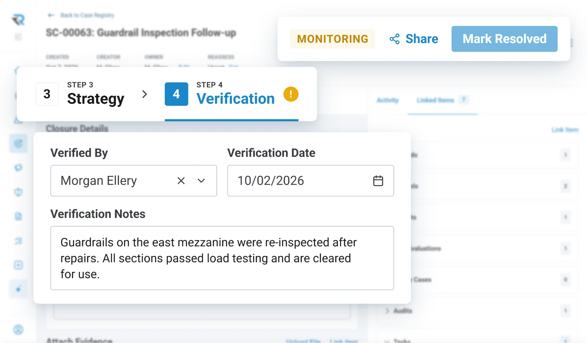 A safety case in monitoring at its verification step, with who verified it, the verification date and the verification notes