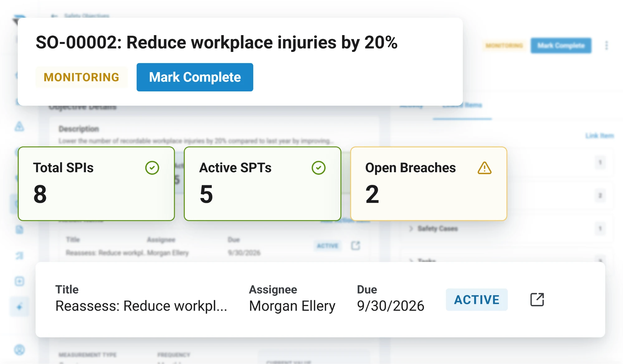 A safety objective in monitoring to reduce workplace injuries by 20%, with its indicator, target and breach counts and an action item to reassess it