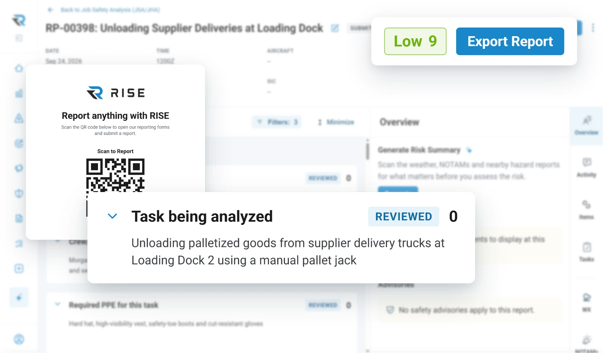A scan-to-report QR poster beside a submitted job safety analysis for unloading deliveries at a loading dock, with the task being analyzed marked reviewed