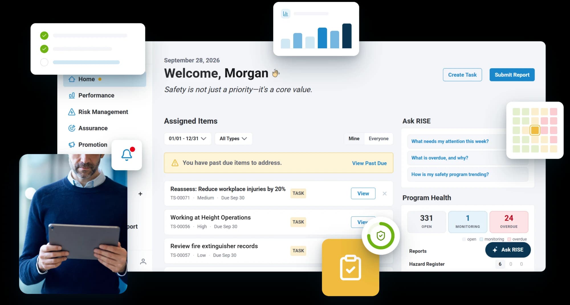 The RISE workspace home: assigned items with their type and status, a past-due alert, and program health counts, with a manager reading it on a tablet