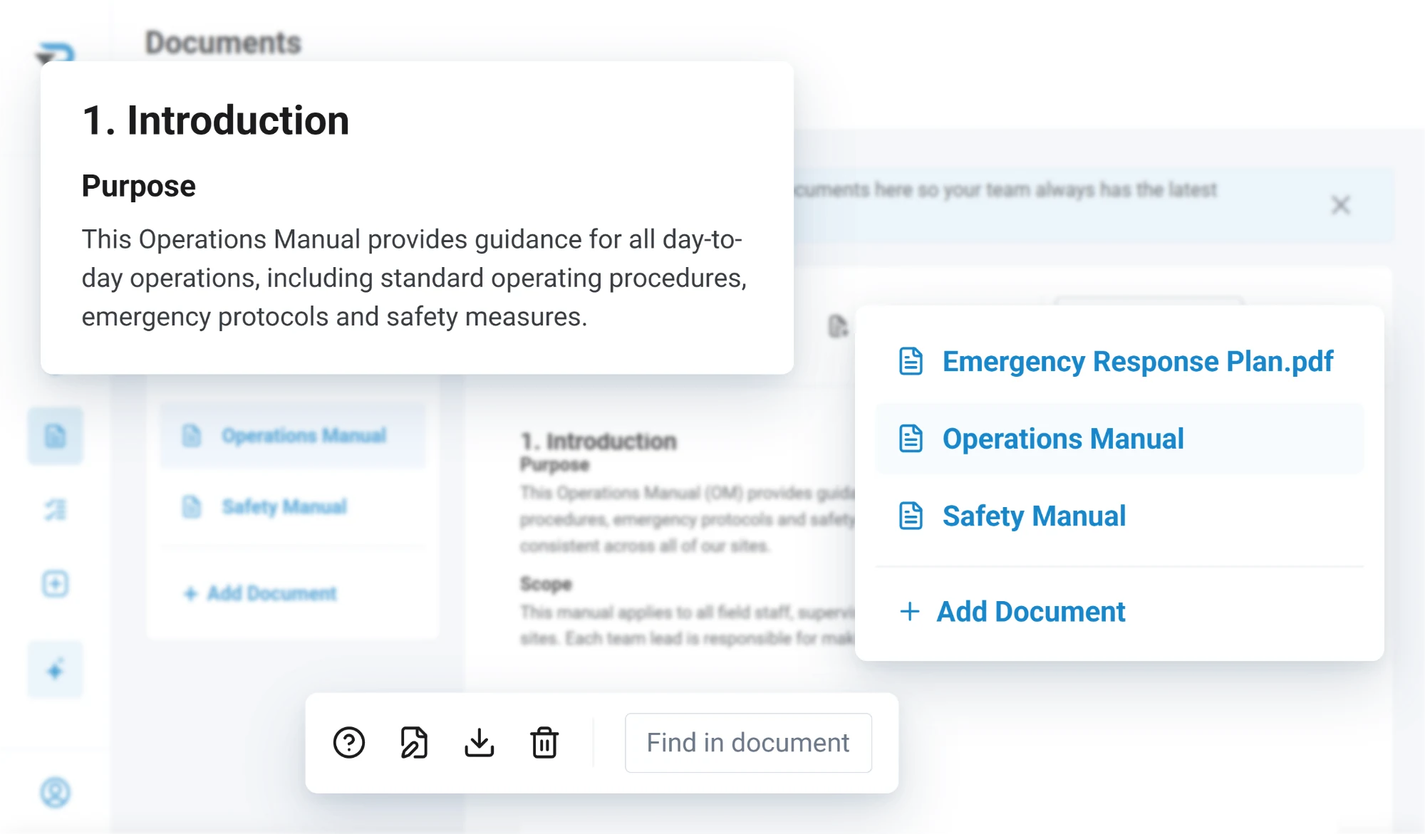 An operations manual open in the app at its introduction, with the list of manuals beside it and a find in document search