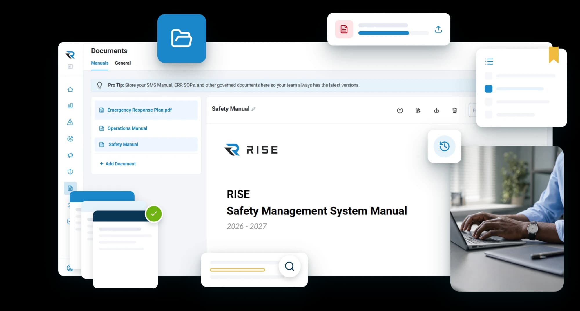 The Manuals tab in Documents: an emergency response plan, an operations manual and a safety manual, with the safety management system manual open, beside a person typing at a laptop