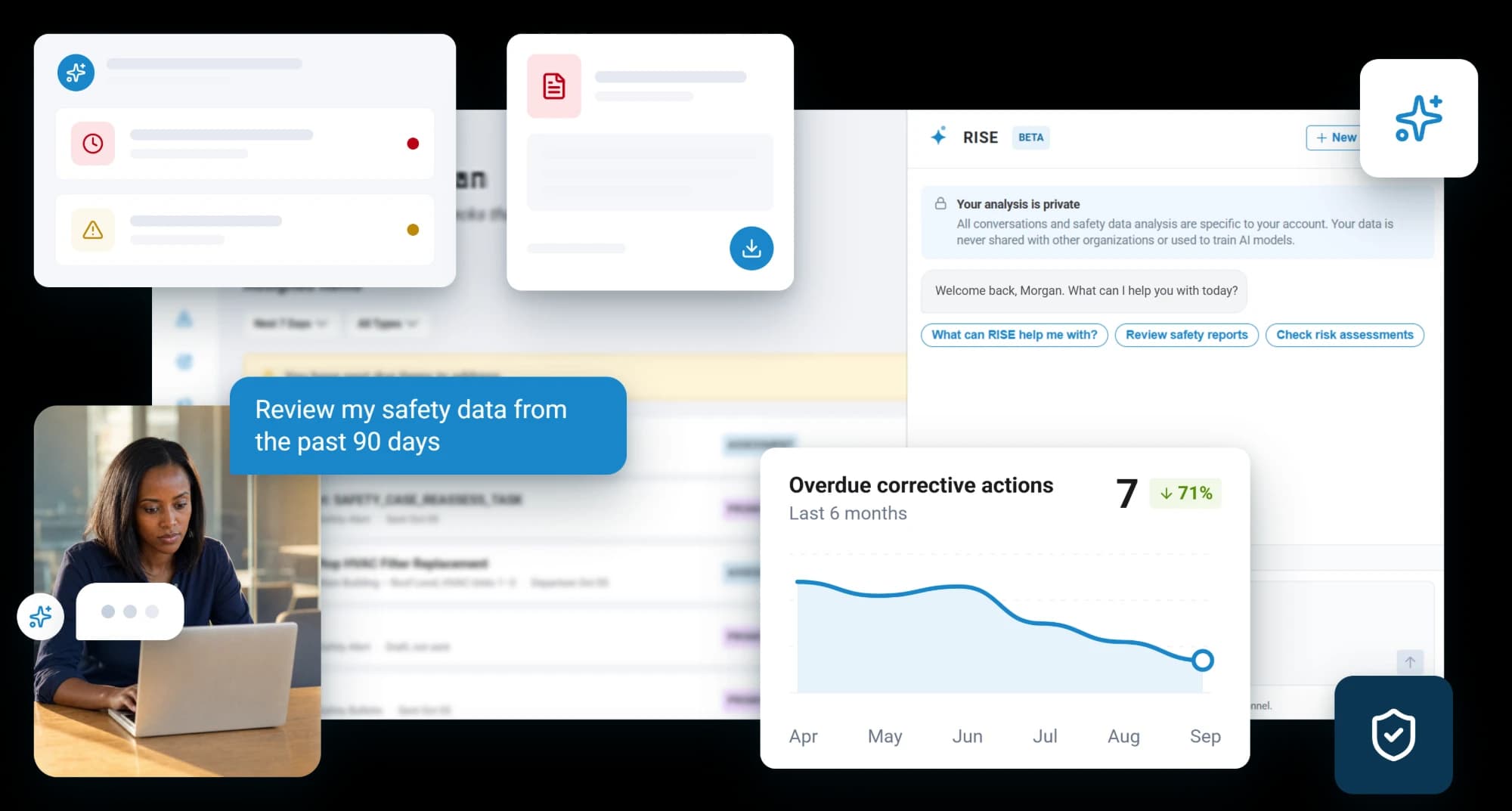 A person at a laptop asking the RISE Agent to review their safety data from the past 90 days, with the Agent panel open beside the workspace and a chart of overdue corrective actions falling to 7 over six months, down 71 percent