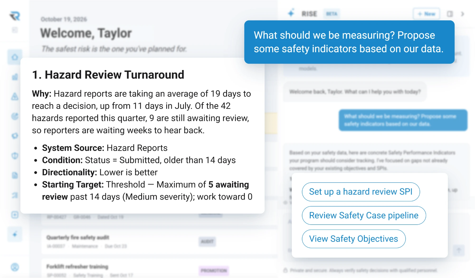 The RISE Agent asked to propose safety indicators, suggesting hazard review turnaround because reports now take 19 days to reach a decision, with hazard reports as the source, submitted and older than 14 days as the condition, lower is better, and a starting target of no more than 5 awaiting review