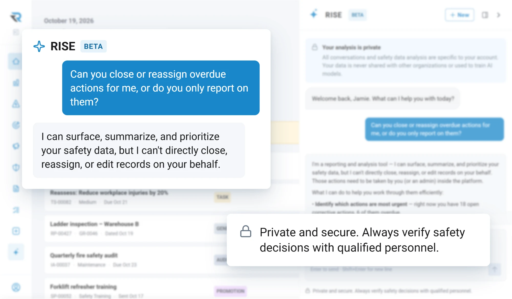 The RISE Agent asked whether it can close or reassign overdue actions, answering that it can surface, summarize and prioritize the safety data but cannot close, reassign or edit records