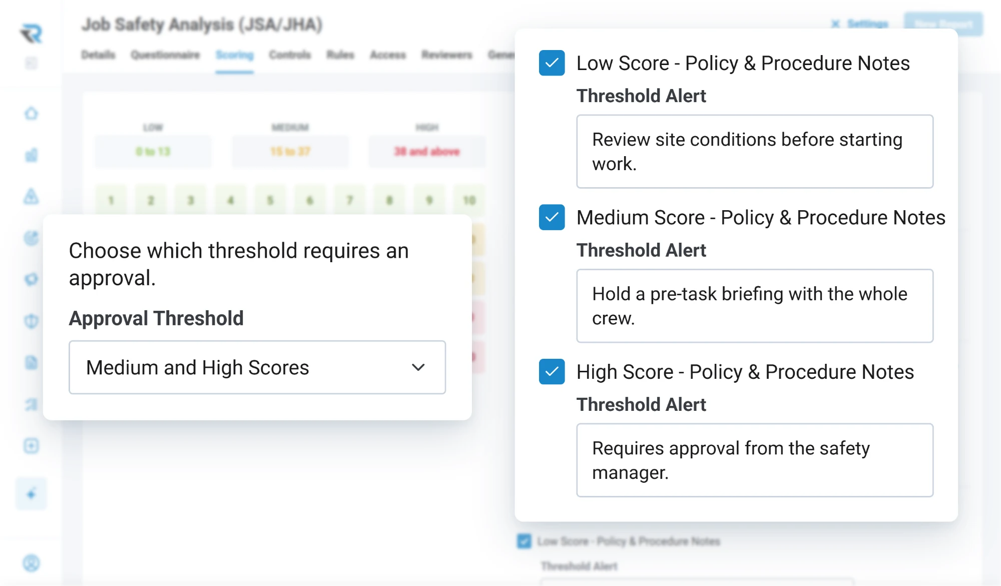 A risk assessment form's approval threshold set to medium and high scores, with a policy alert for each threshold: review site conditions, hold a pre-task briefing, and approval from the safety manager