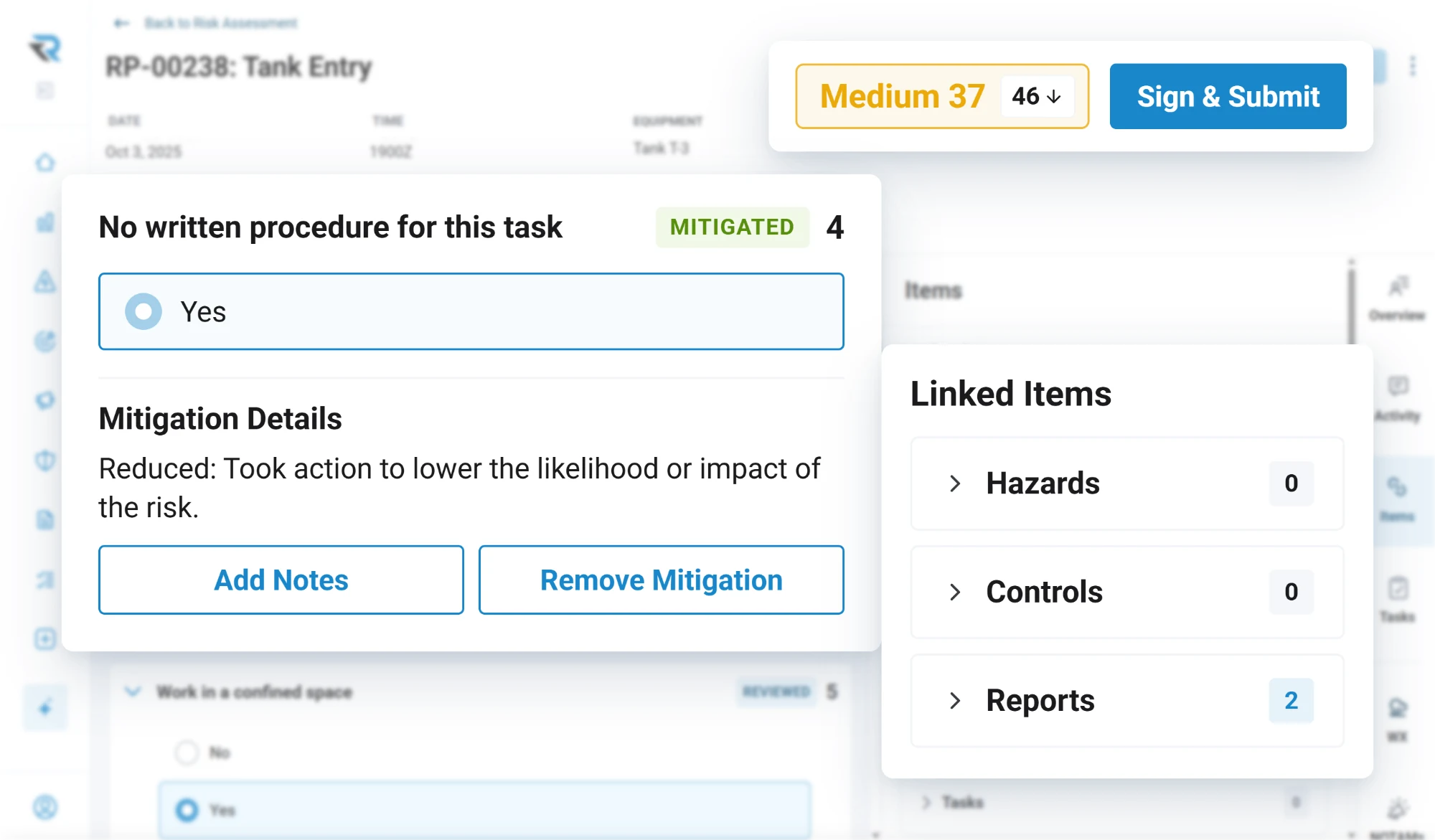 A tank entry risk assessment with a mitigated risk, no written procedure for the task, bringing the score down from 46 to Medium 37, ready to sign and submit