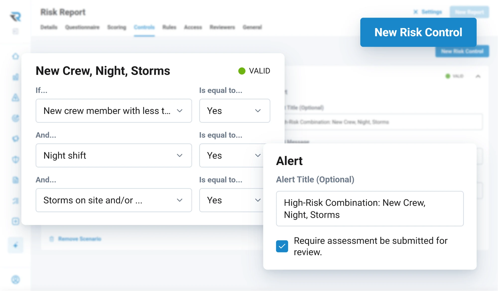 A named scenario on a risk assessment form: a new crew member, a night shift and storms on site, all answered yes, raise the alert High-Risk Combination: New Crew, Night, Storms and require the assessment to be submitted for review