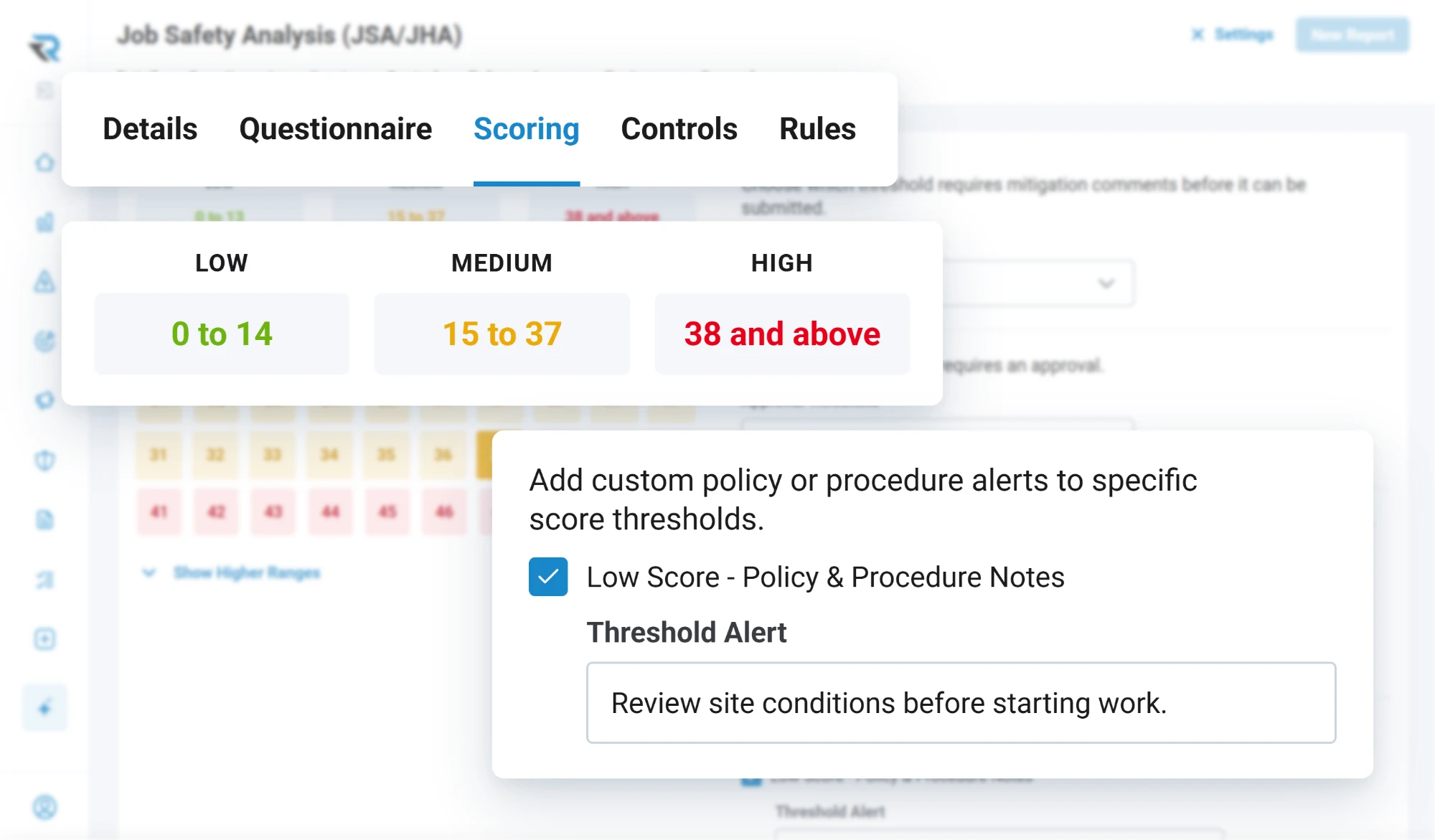 A risk assessment form's Scoring tab: low from 0 to 14, medium from 15 to 37, high from 38 and above, with a custom alert for low scores telling the crew to review site conditions before starting work