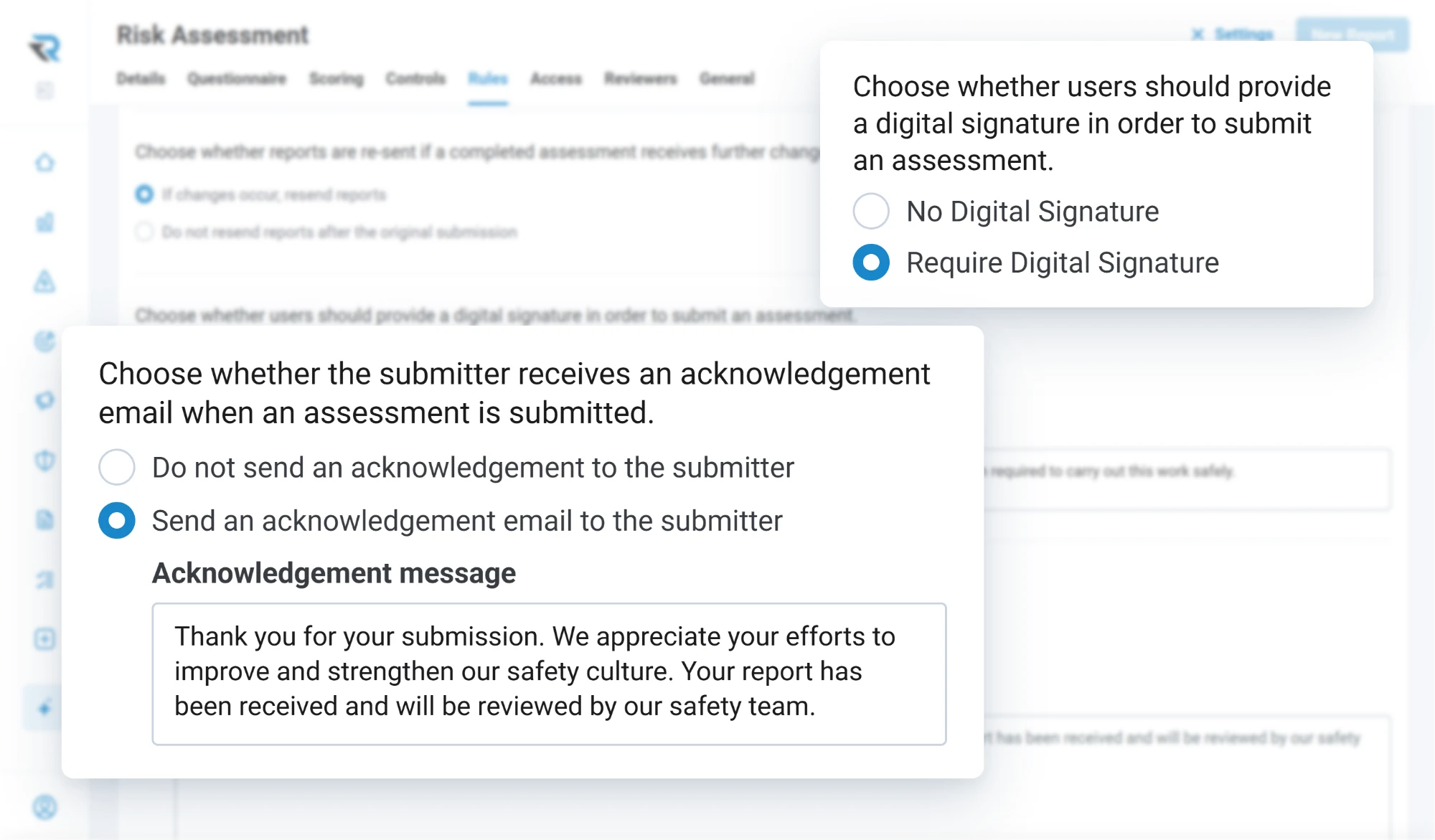 A risk assessment form's rules: a digital signature required to submit, and an acknowledgement email sent to the submitter with a thank-you message