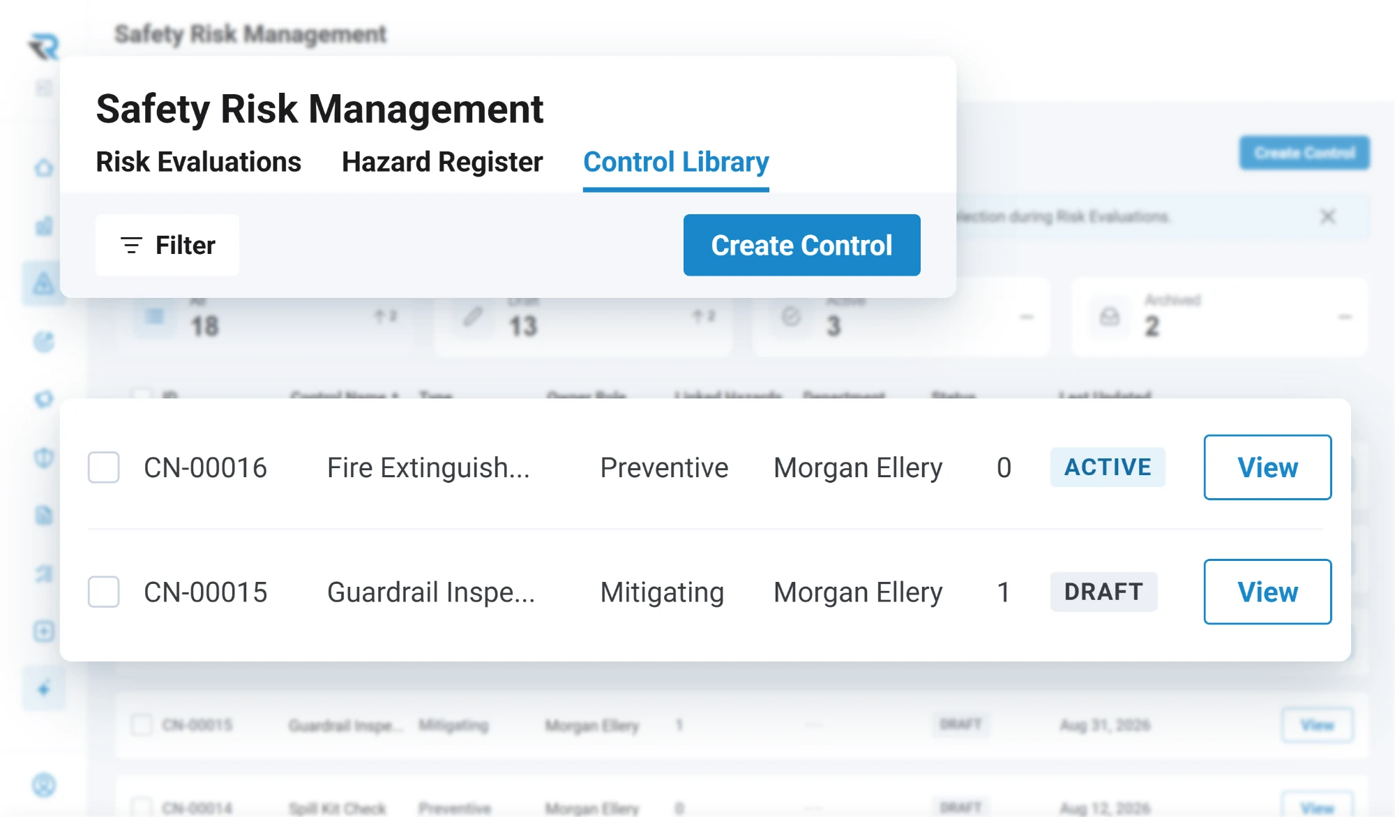 The control library: a preventive fire extinguisher check and a mitigating guardrail inspection, each with its owner, status and how many records use it