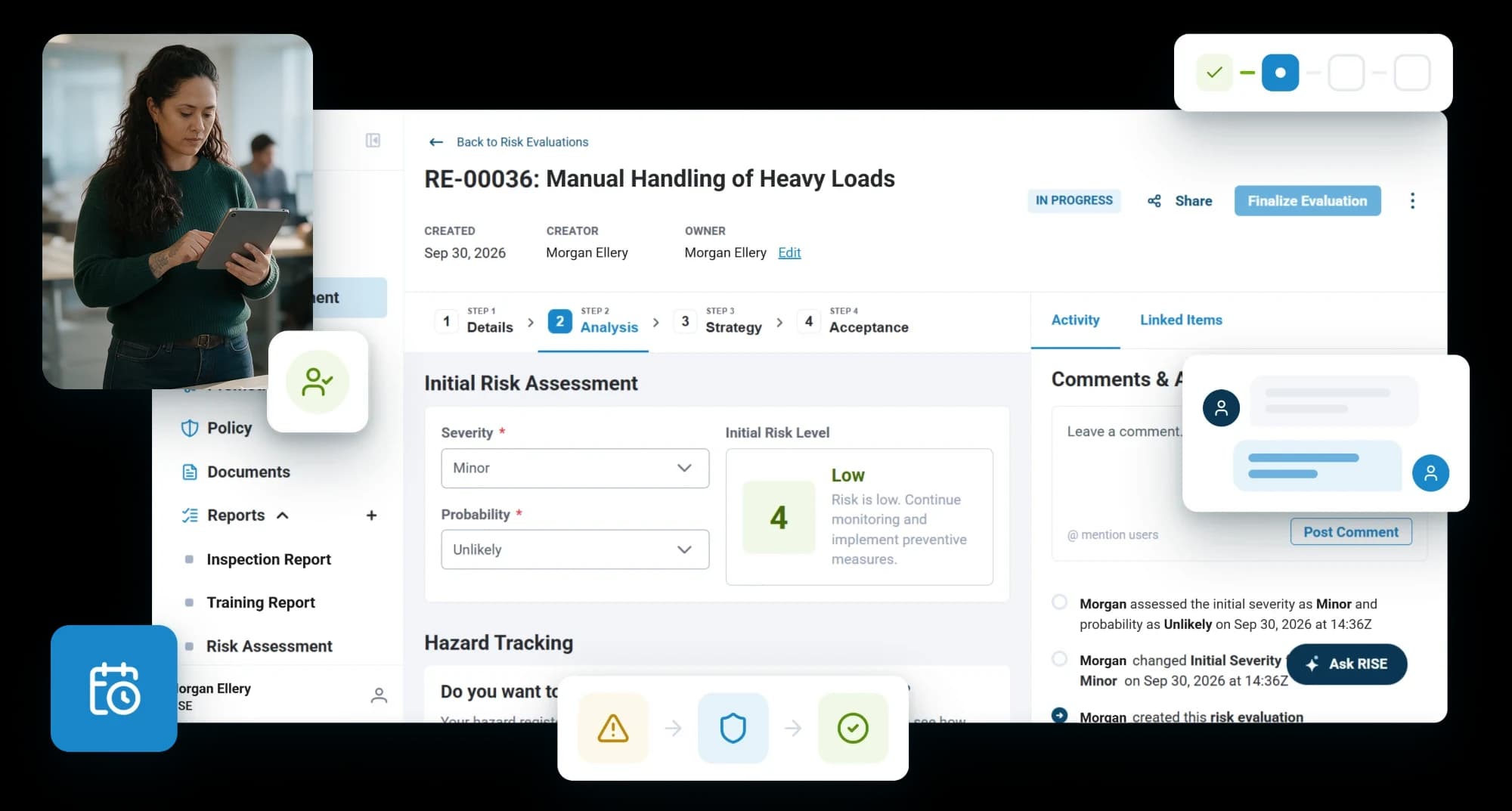 A manual handling risk evaluation on its Analysis step: severity Minor and probability Unlikely give an initial risk level of Low 4, with the assessment logged in the activity, beside a person working on a tablet