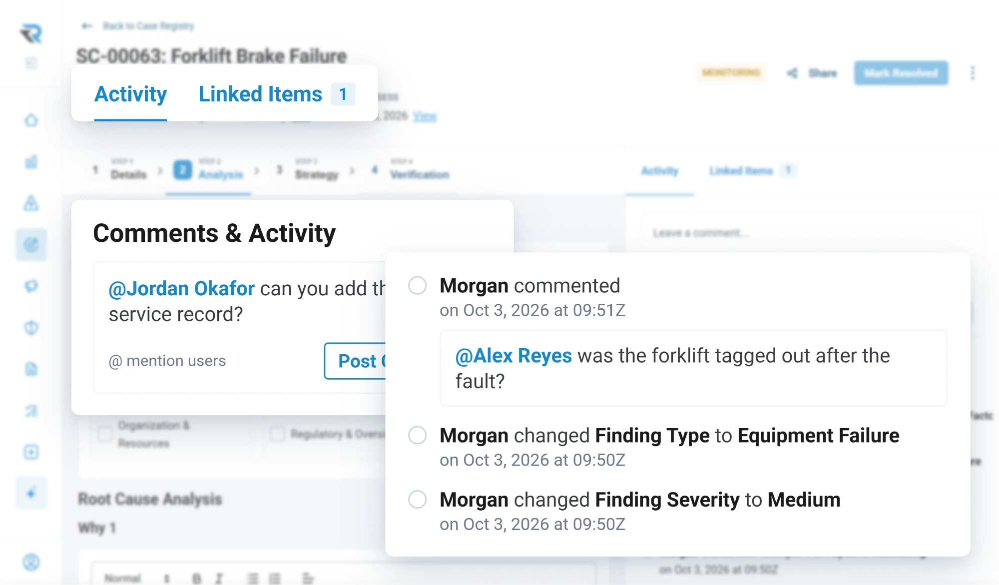 A safety case's activity log in plain language: Morgan commented asking whether the forklift was tagged out, changed the finding type to equipment failure and the severity to medium, each with its time, beside a new comment for Jordan Okafor
