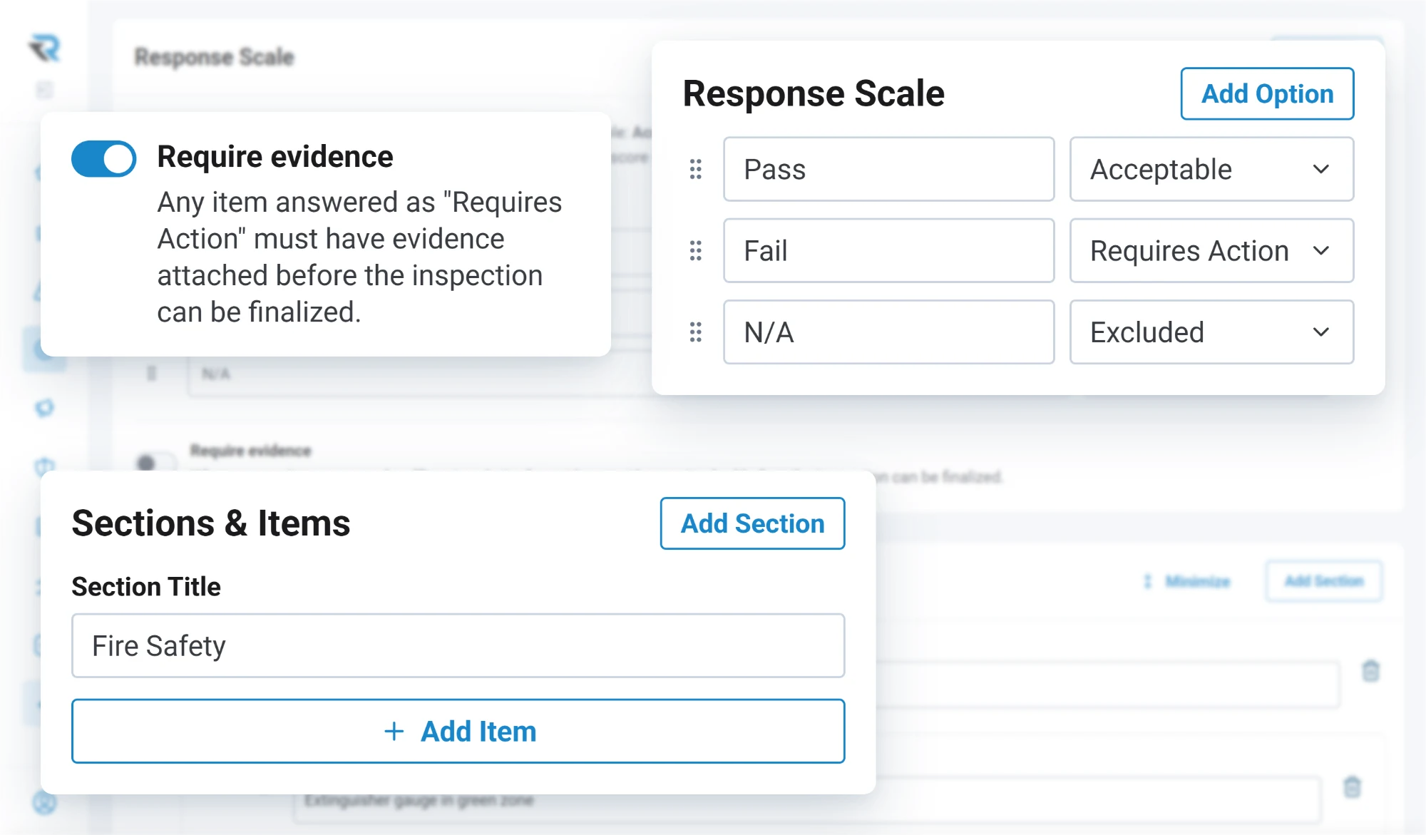 An inspection template's response scale: pass is acceptable, fail requires action, N/A is excluded, with evidence required on any item that requires action and a Fire Safety section being added