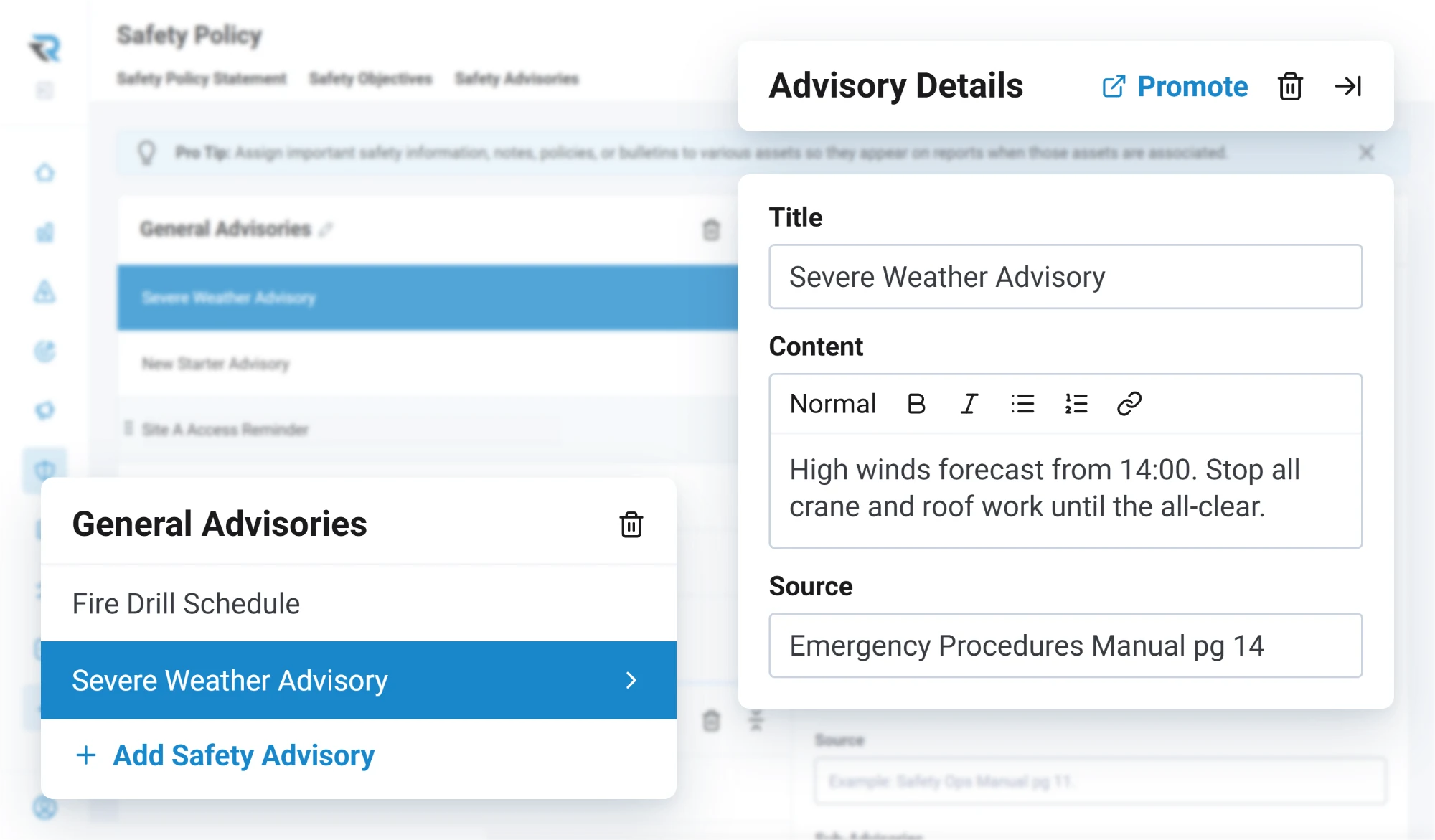 A severe weather advisory being written: high winds forecast from 14:00, stop all crane and roof work until the all-clear, sourced to the emergency procedures manual