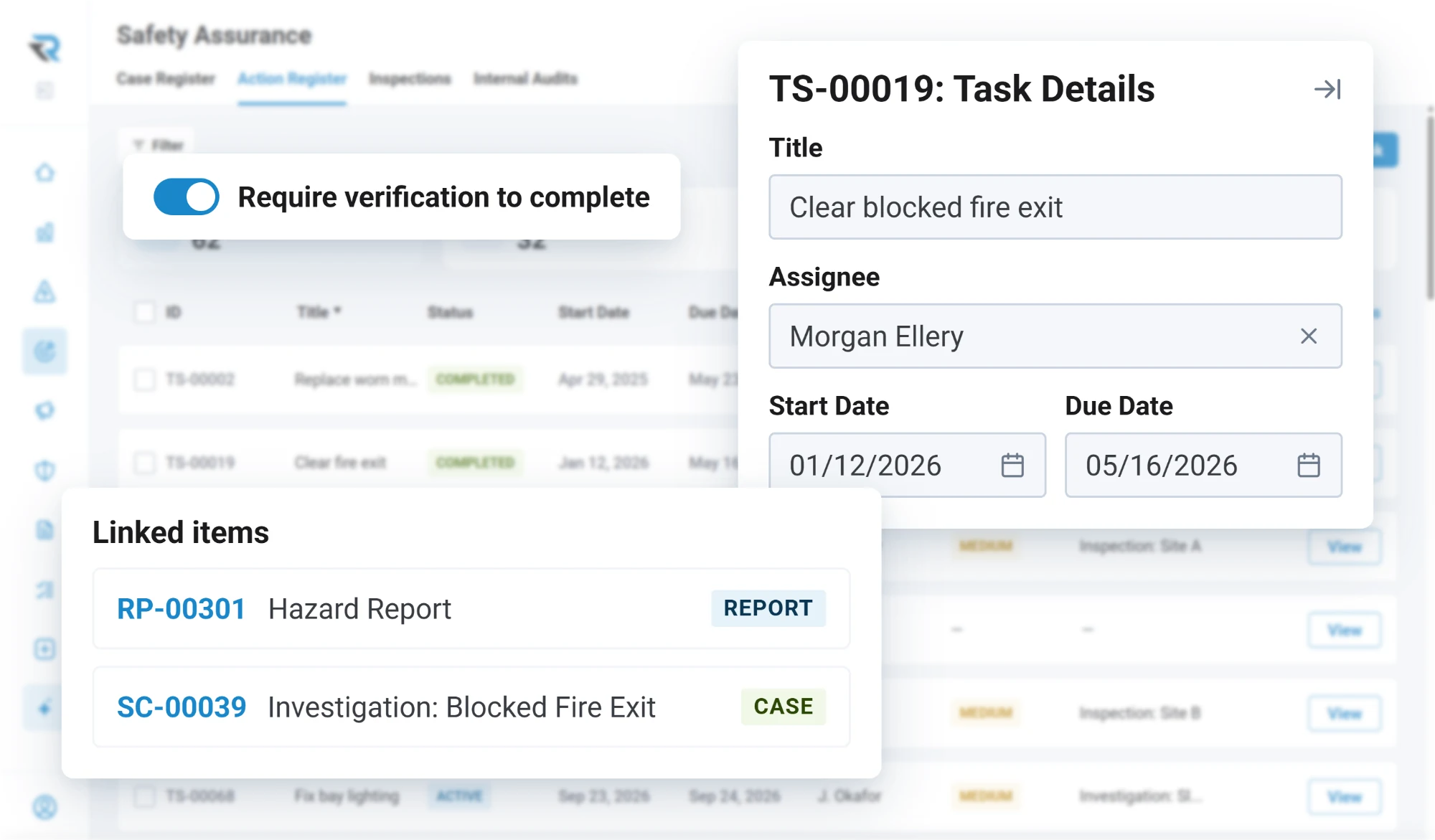 An action to clear a blocked fire exit, assigned to Morgan Ellery with start and due dates, needing verification to complete, and linked to the hazard report and safety case it came from
