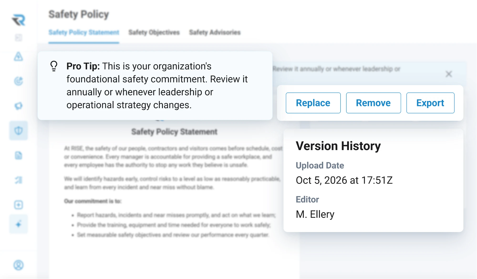 The safety policy statement in the app, with its version history showing it was last uploaded by M. Ellery on Oct 5, 2026, and options to replace, remove or export it