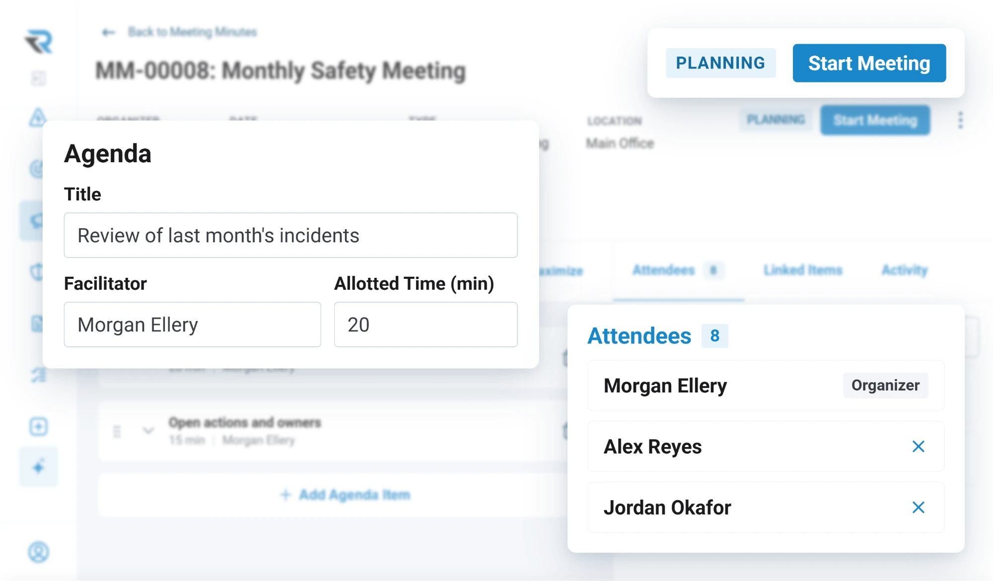 A monthly safety meeting being planned: an agenda item reviewing last month's incidents, facilitated by Morgan Ellery for 20 minutes, and 8 attendees, ready to start