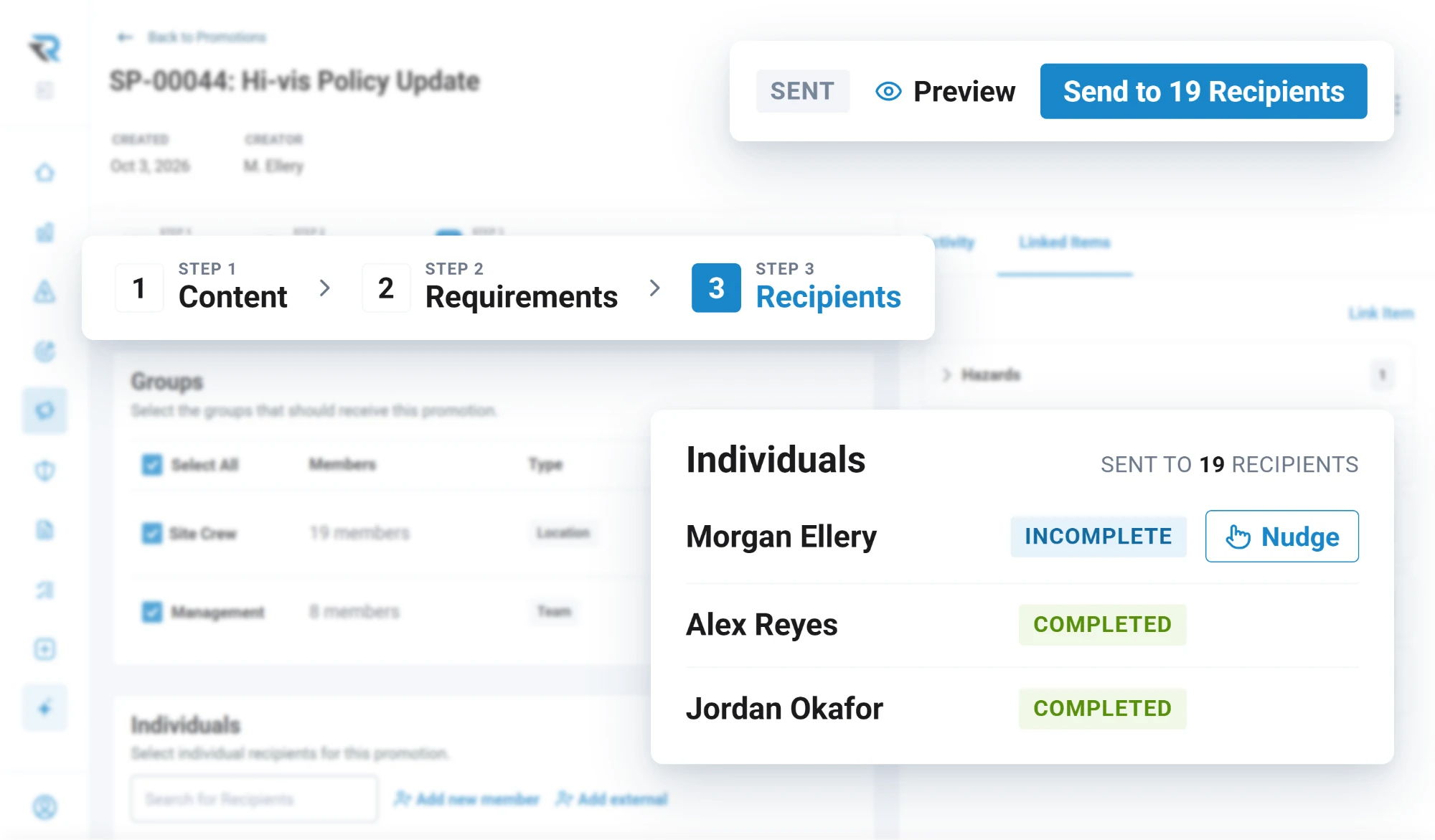 A hi-vis policy update sent to 19 recipients, tracked per person: Alex Reyes and Jordan Okafor completed, Morgan Ellery incomplete with a button to nudge