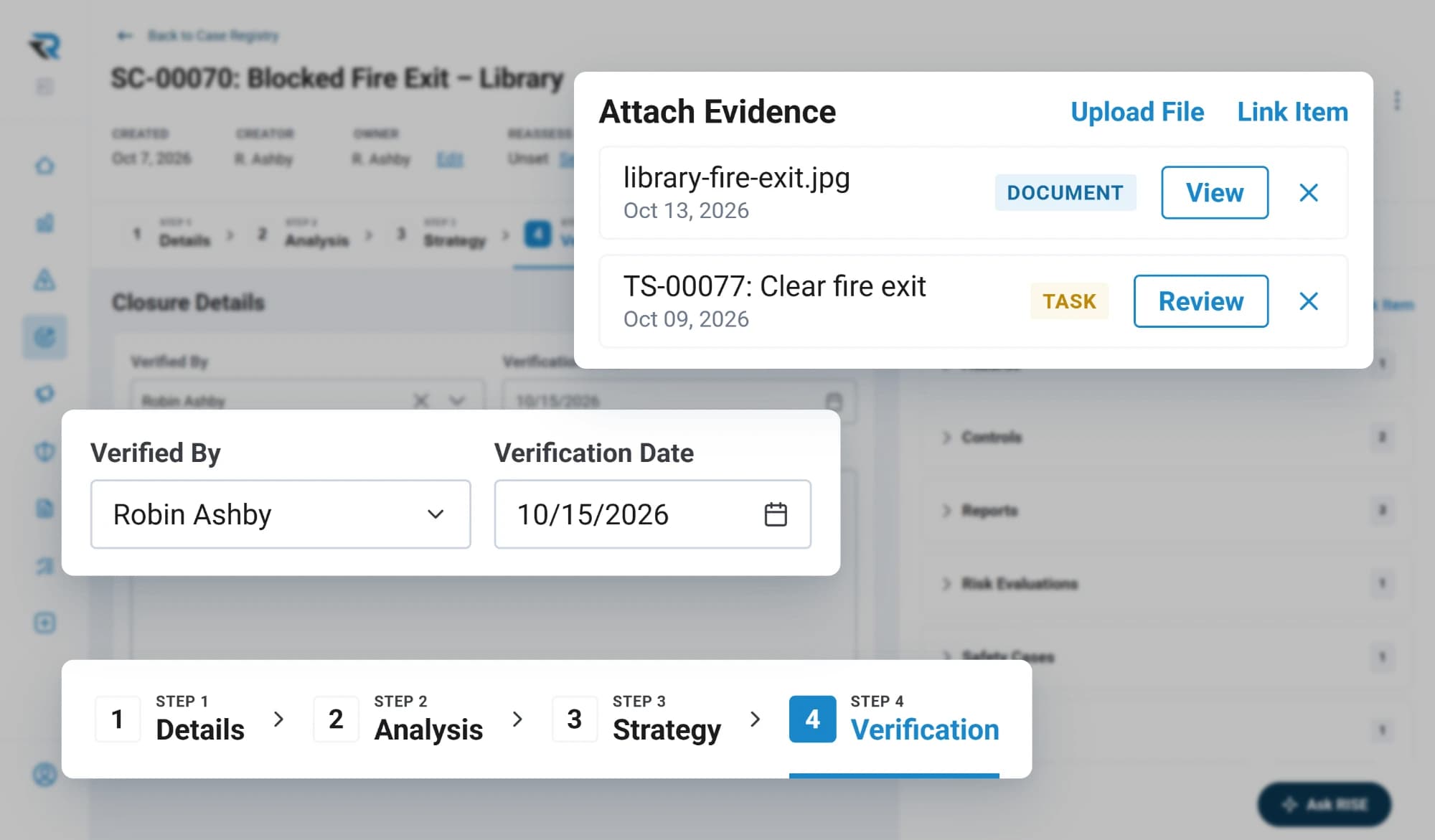 A safety case for a blocked fire exit at a library at its verification step, with evidence attached, who verified it and when