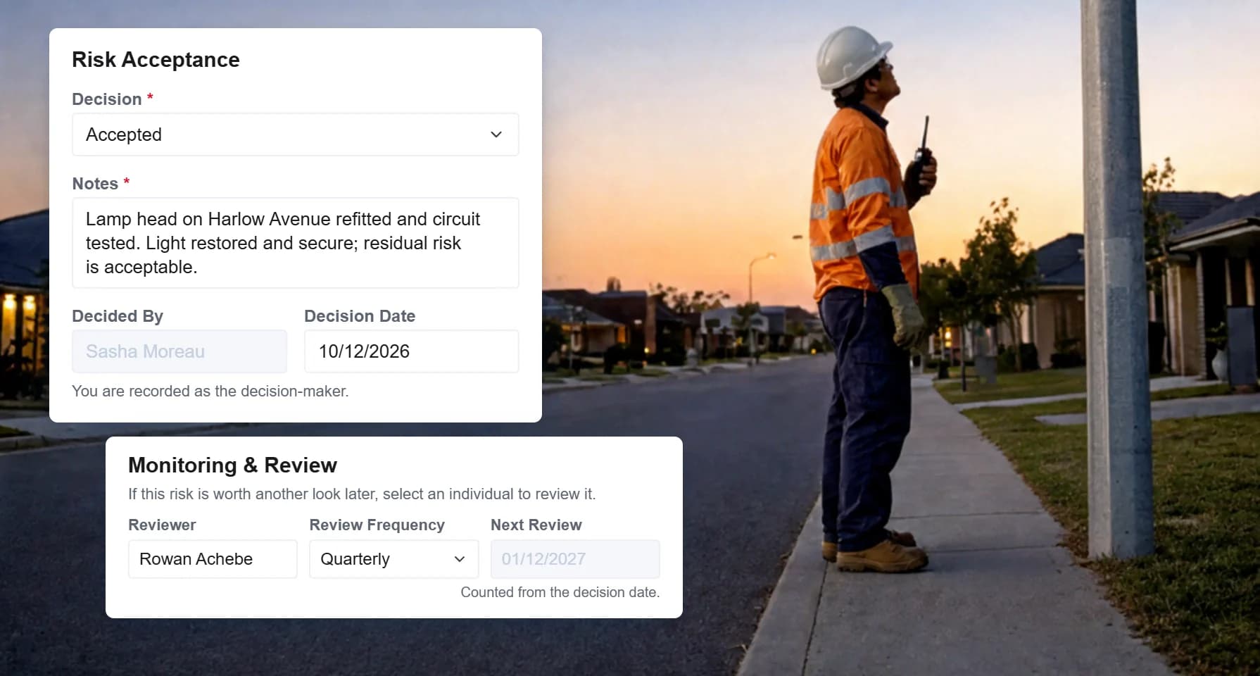 A risk acceptance decision in RISE marked Accepted once a streetlight lamp head was refitted and tested, with a quarterly review assigned, beside a public works employee in a hard hat and hi-vis looking up at a streetlight at dusk