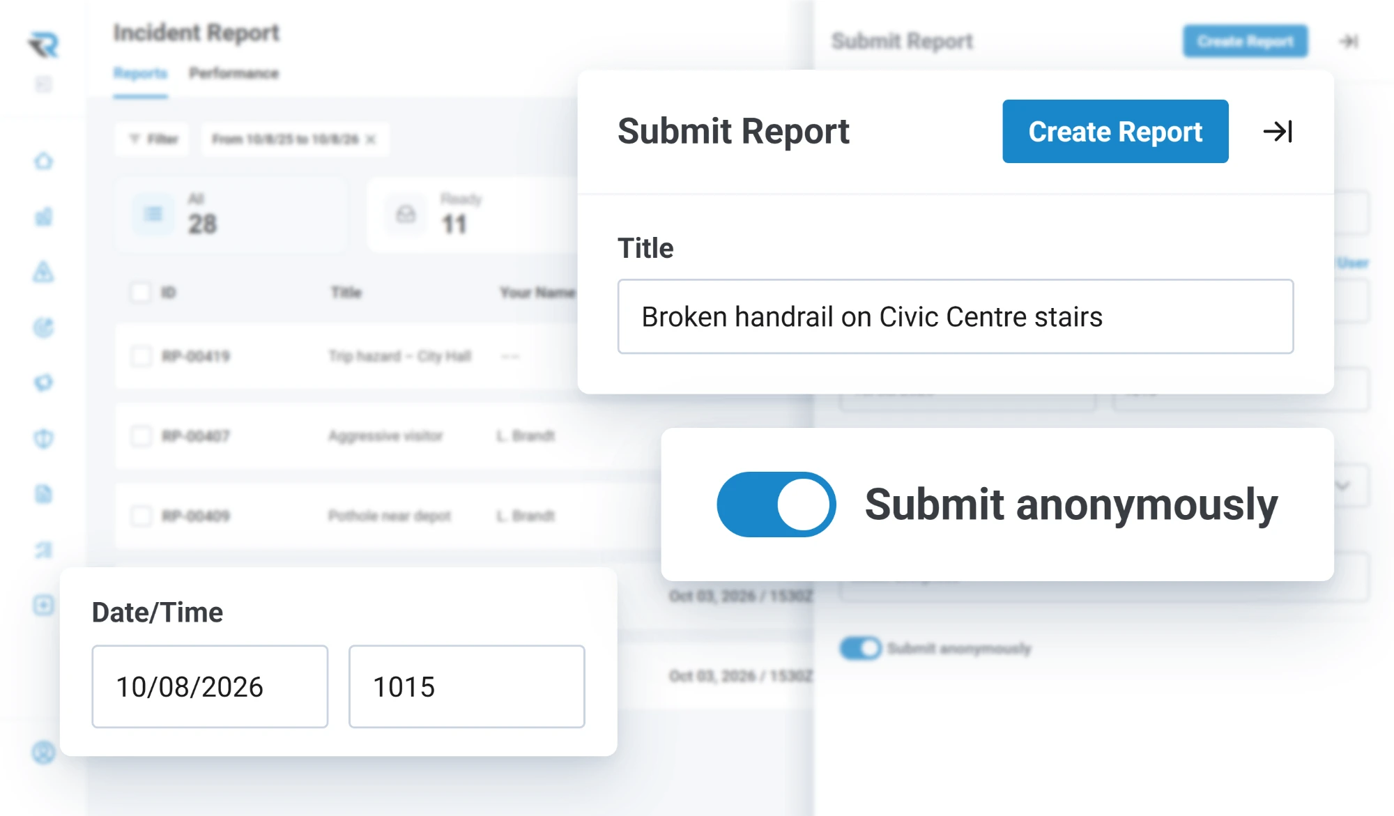 Submitting an incident report about a broken handrail on civic building stairs, with the date and time filled in and the Submit anonymously toggle switched on