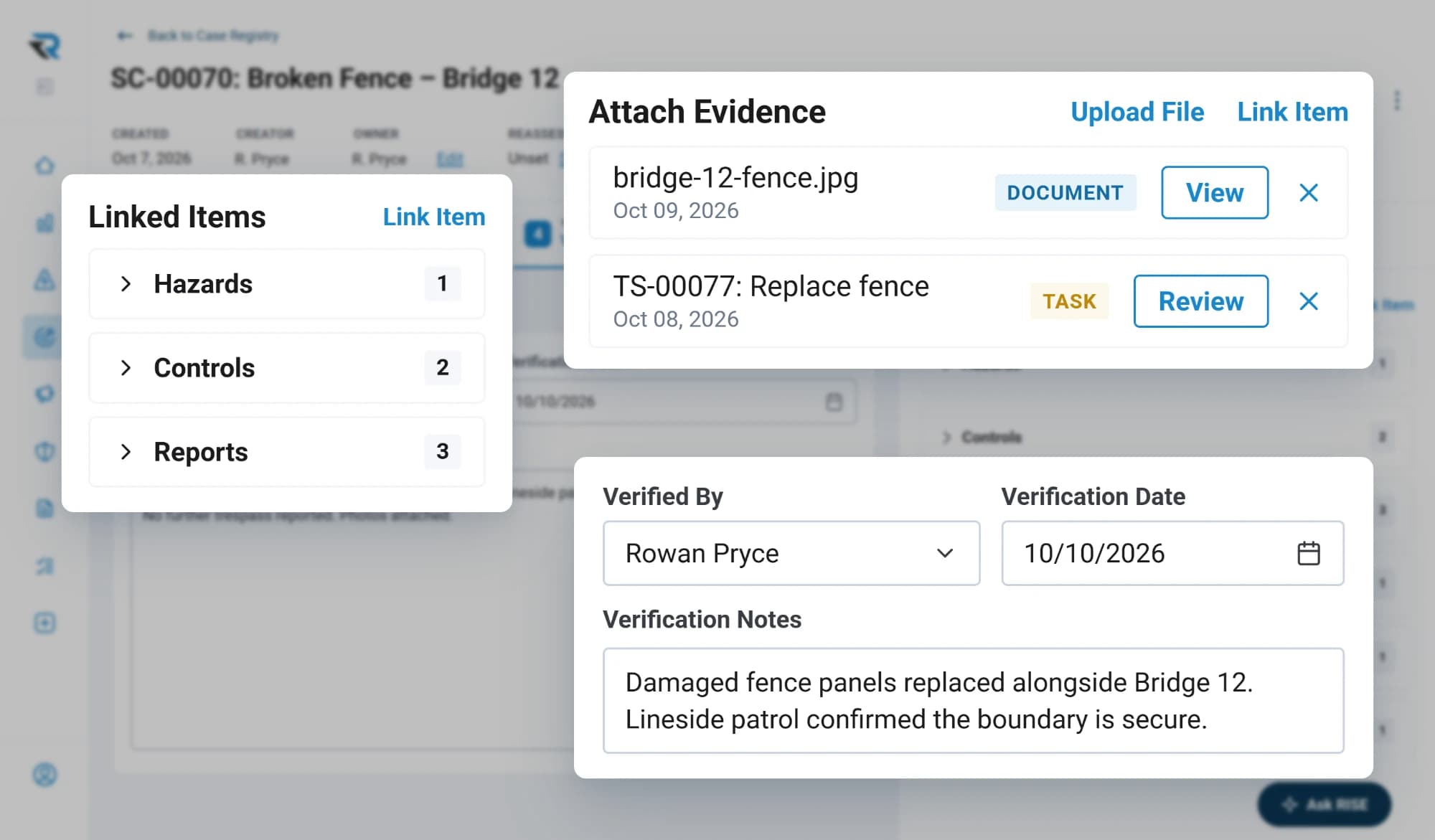 A safety case for a broken fence at Bridge 12 at verification, with evidence attached, its linked items, who verified it and when, and notes that the boundary is secure