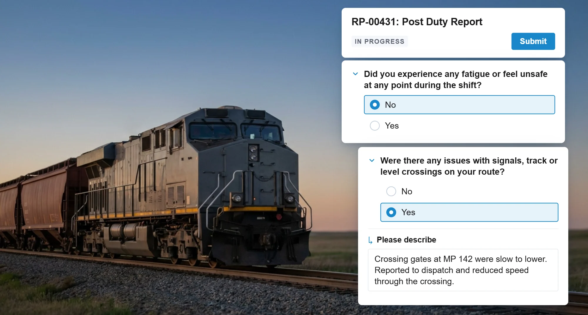 A post duty report in RISE noting no fatigue on the shift and crossing gates slow to lower at milepost 142, reported to dispatch, beside a freight locomotive pulling hopper cars across open plains at dusk
