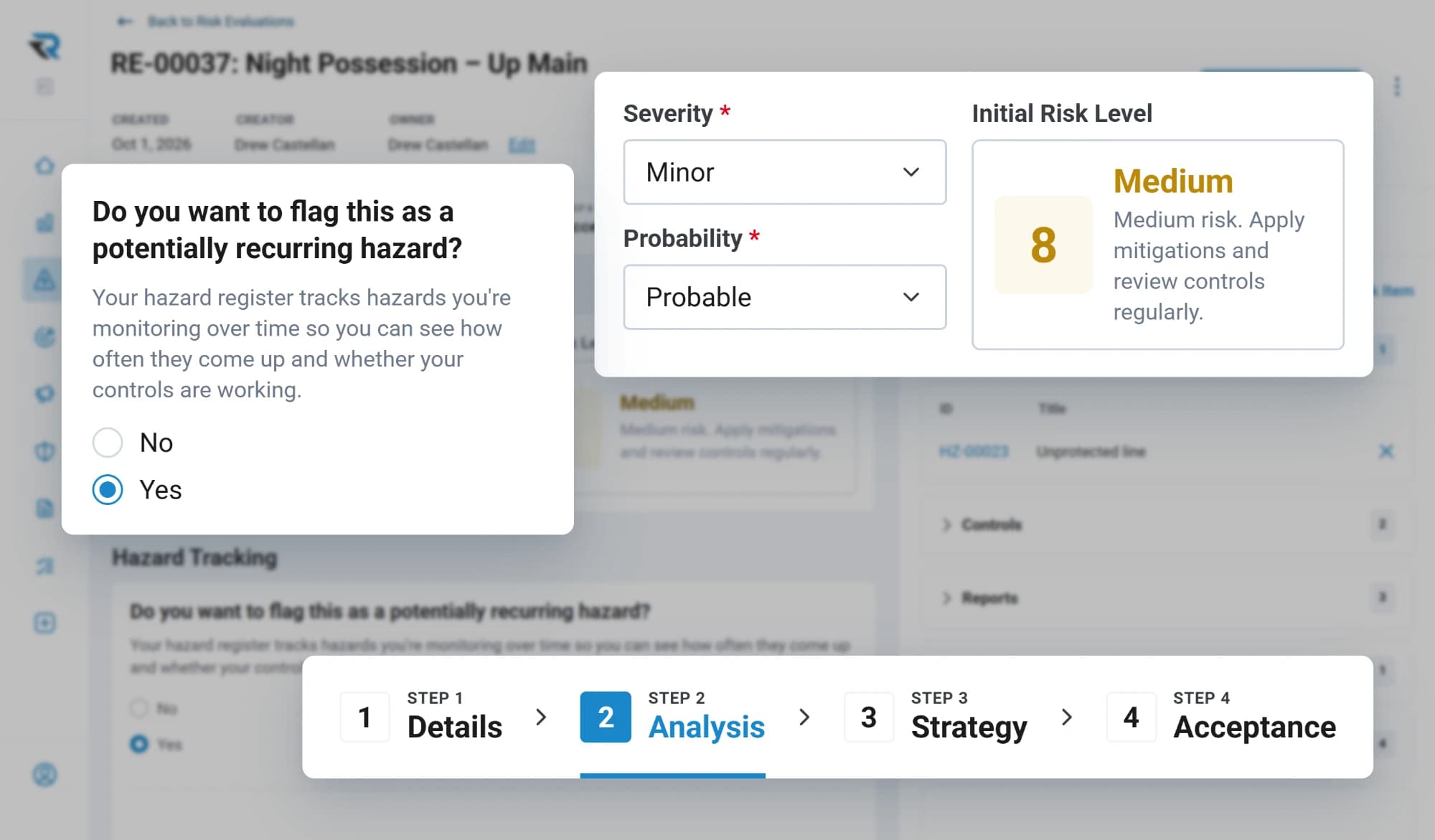 A risk evaluation for night track work at its analysis step: severity and probability give an initial risk level of Medium 8, with the hazard flagged as potentially recurring