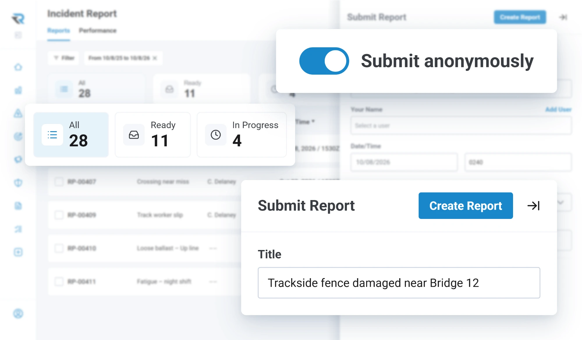 Submitting an incident report titled Trackside fence damaged near Bridge 12, with the Submit anonymously toggle switched on and the report counts for all, ready and in progress