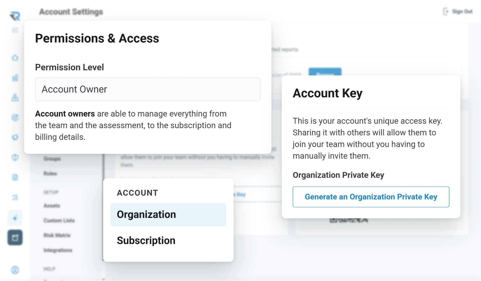 RISE account settings showing the Account Owner permission level, which manages everything from the team to the subscription and billing, beside the Organization and Subscription menu and the account key