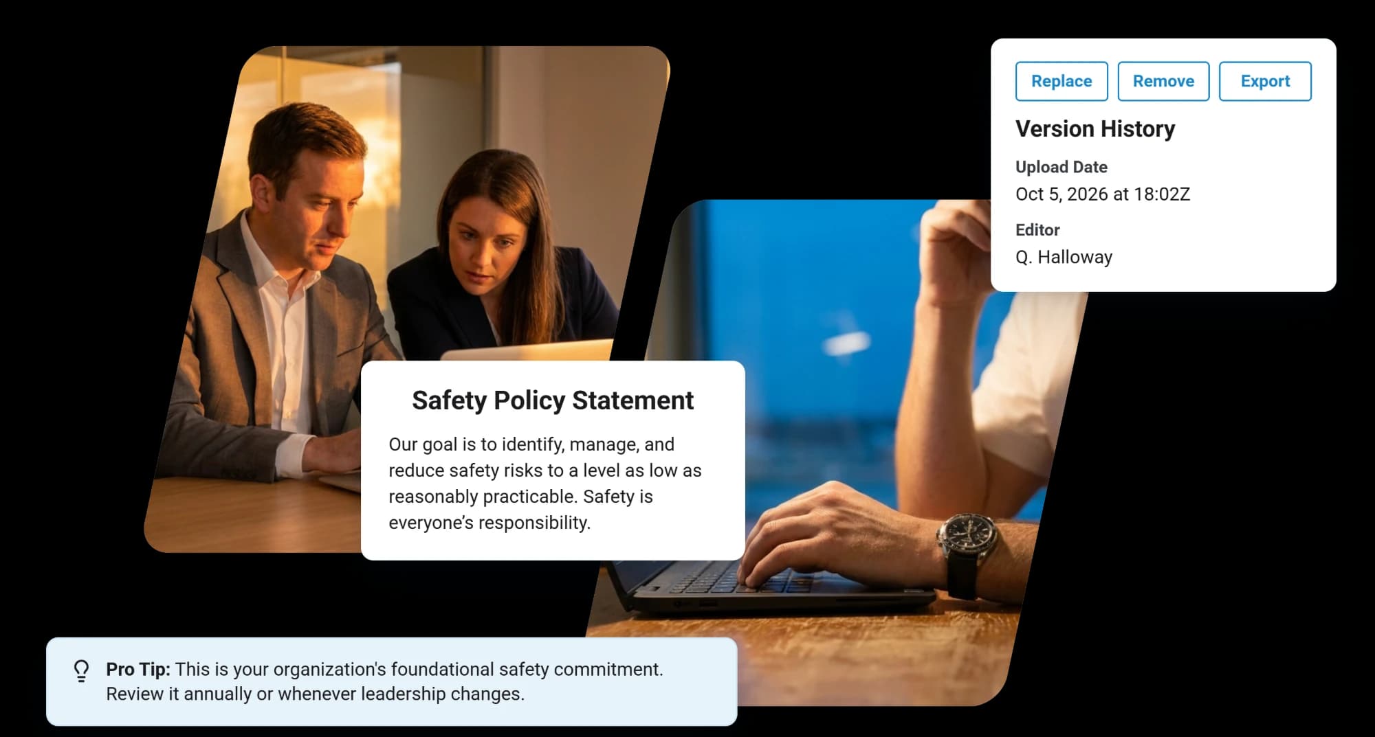A safety policy statement in RISE with its version history and a tip to review it annually, beside two colleagues reading it at a laptop and a hand typing at another