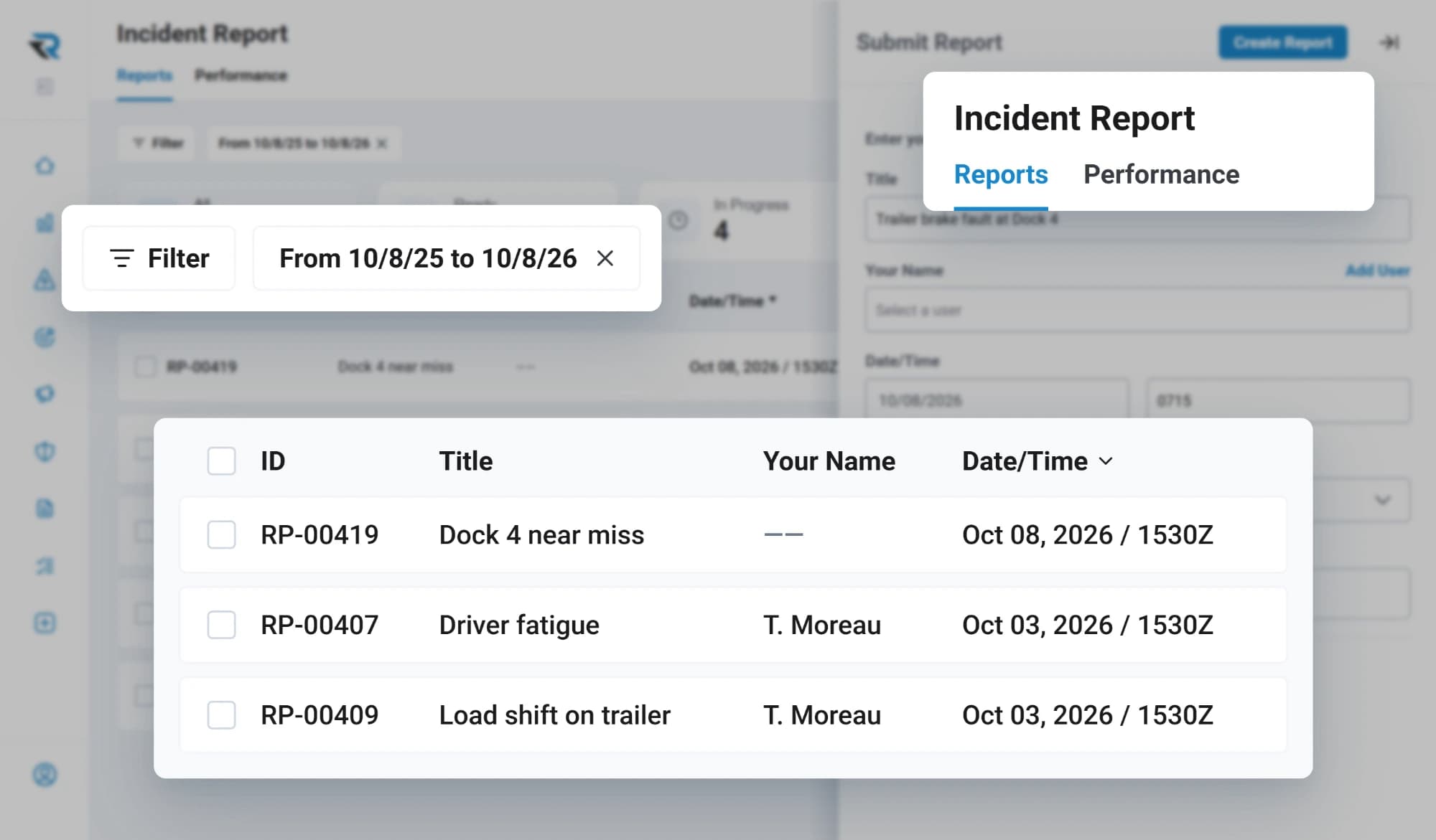The incident report list filtered to the past year, with a Dock 4 near miss submitted without a name, a driver fatigue report and a load shift on a trailer