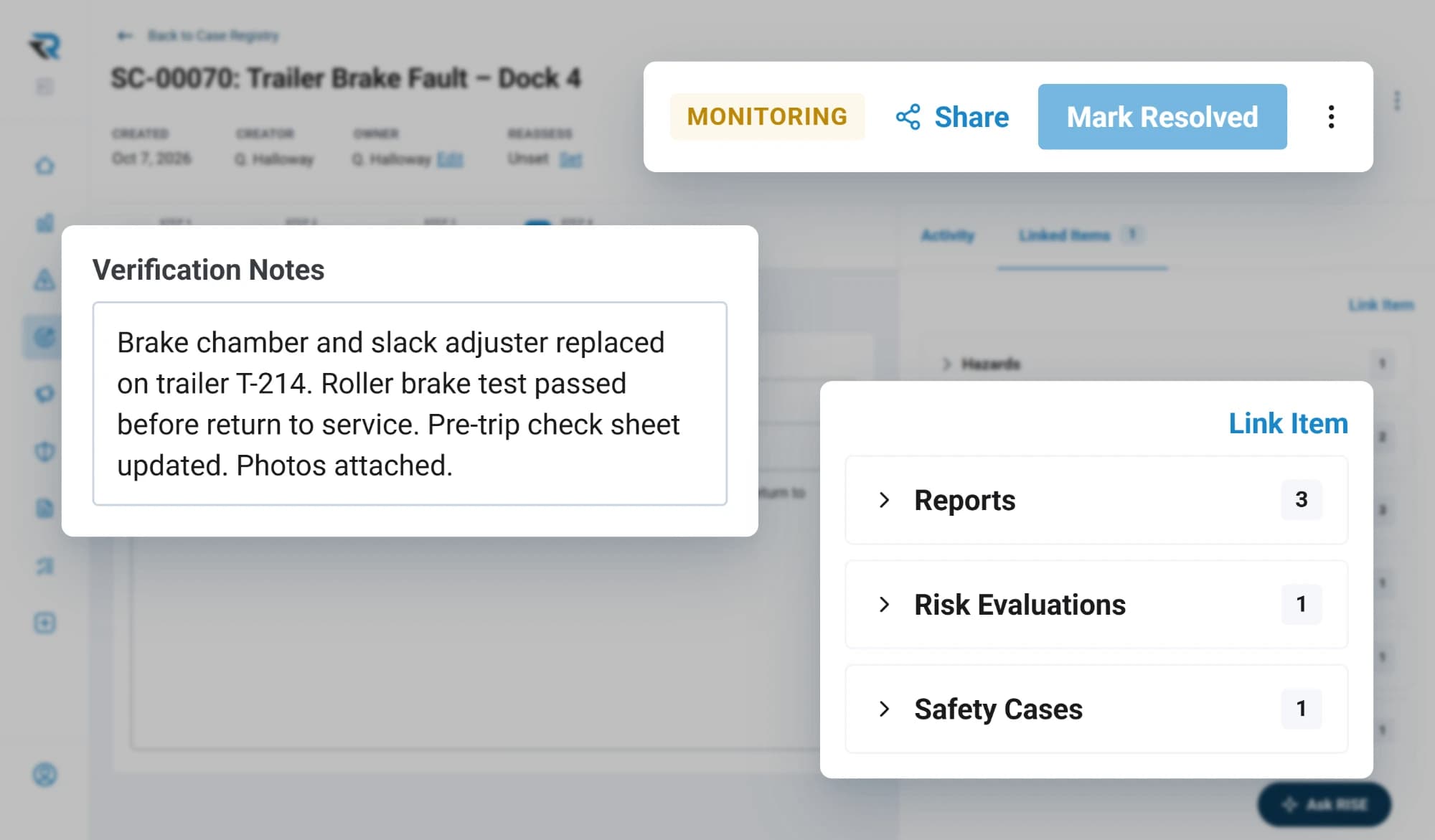 A safety case for a trailer brake fault in monitoring, with verification notes that the brakes were repaired and passed a brake test before return to service, and its linked reports, risk evaluation and safety case