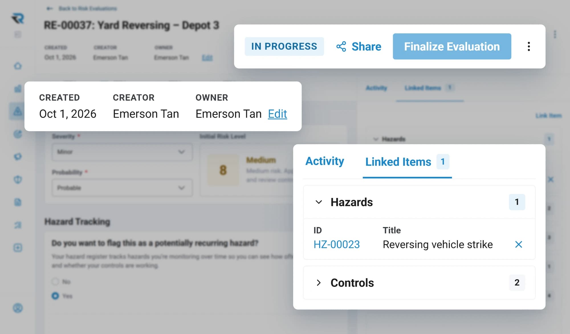 A risk evaluation for vehicle movements in a depot yard, in progress, with its creator and owner, and a linked hazard of a vehicle strike with two controls