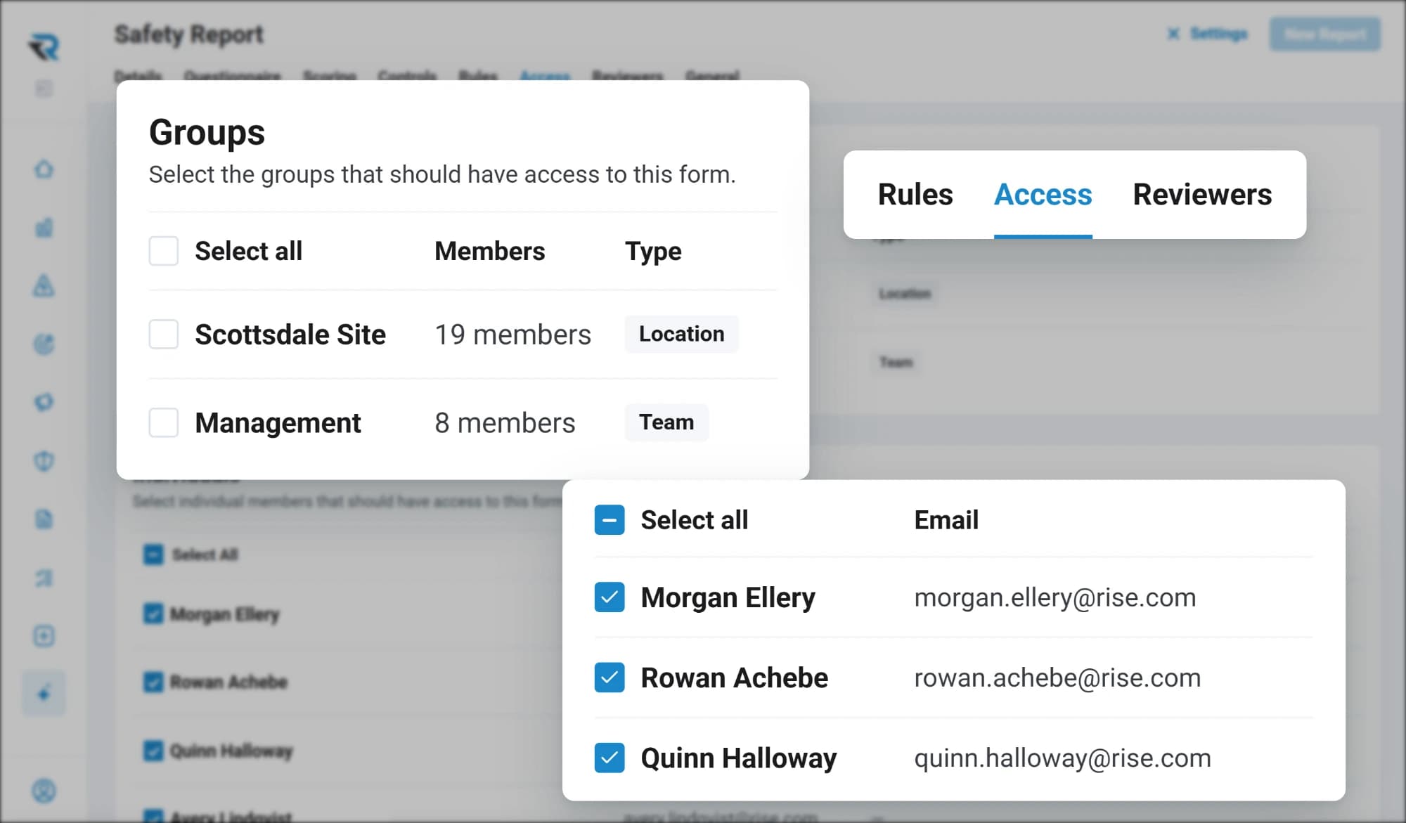 The Access tab on a safety report form, granting access to a location group and a team group, and to three named people by email